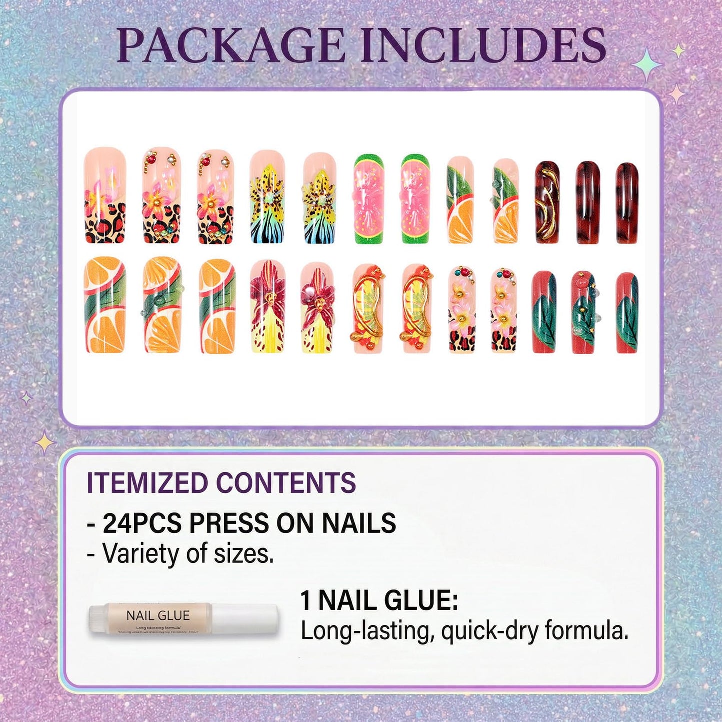 IMRAIN Square Press on Nails, Long Fake Nails, Colorful 3D Flower Tropical Fruit Leopard, 24 Pcs Reusable Glue on Nails for Women, Salon Quality