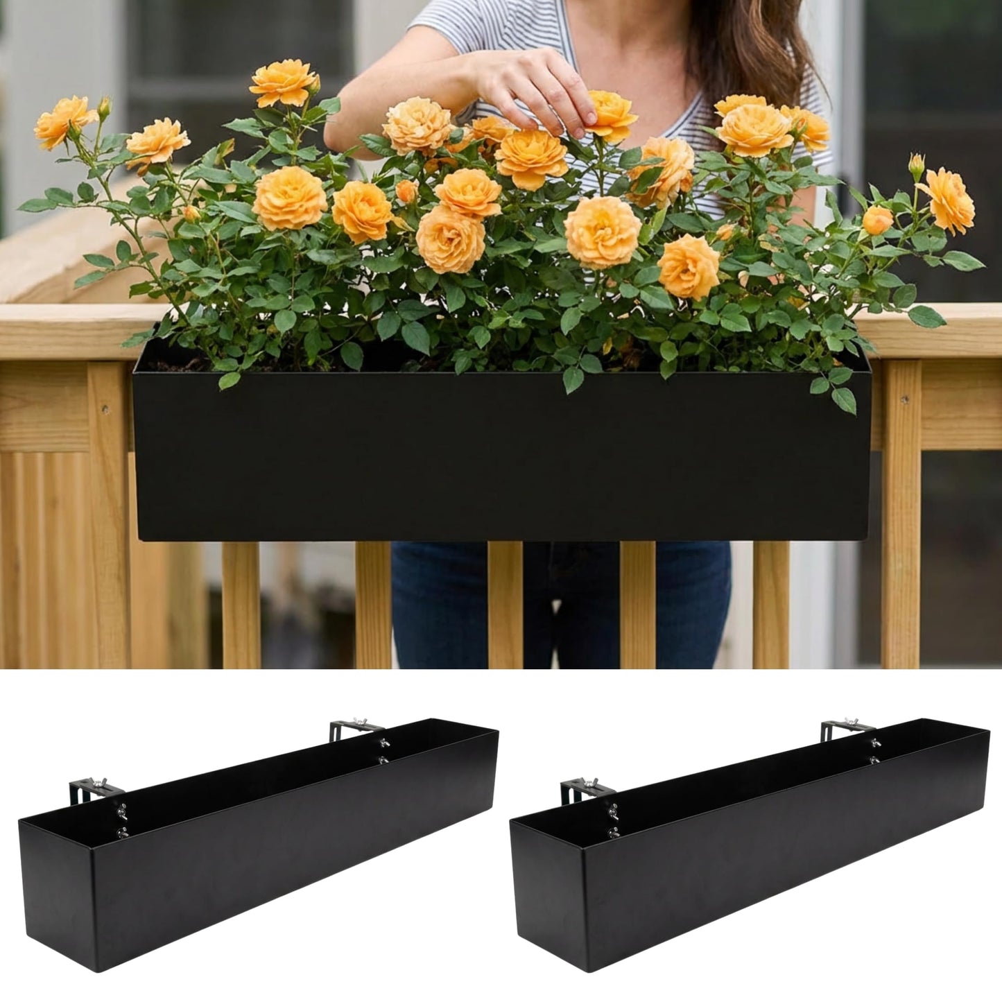 LaLaGreen Railing Planter Box (30 Inch, 2 Pack) Large Black Metal Rectangular Hanging Flower Boxes with Brackets, Planters for Outdoor Deck Railings Fence Balcony Patio Porch Over Rail Garden Decor