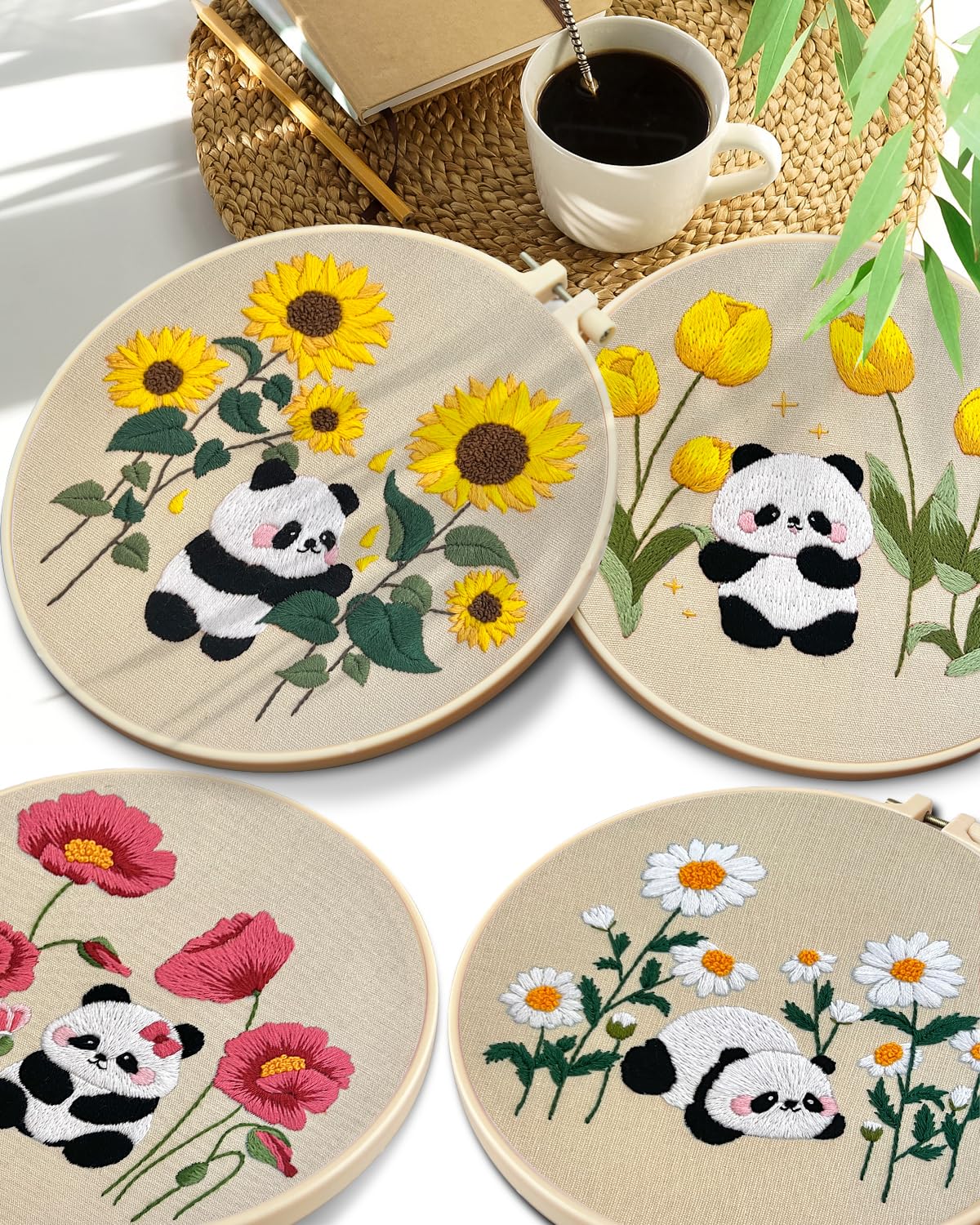 TINDTOP 4 Sets Embroidery Kit for Adult, Panda Embroidery Practice Kits for Beginners Include Embroidery Cloth Hoops Threads for Craft Lover Hand Stitch with Embroidery Skill Techniques