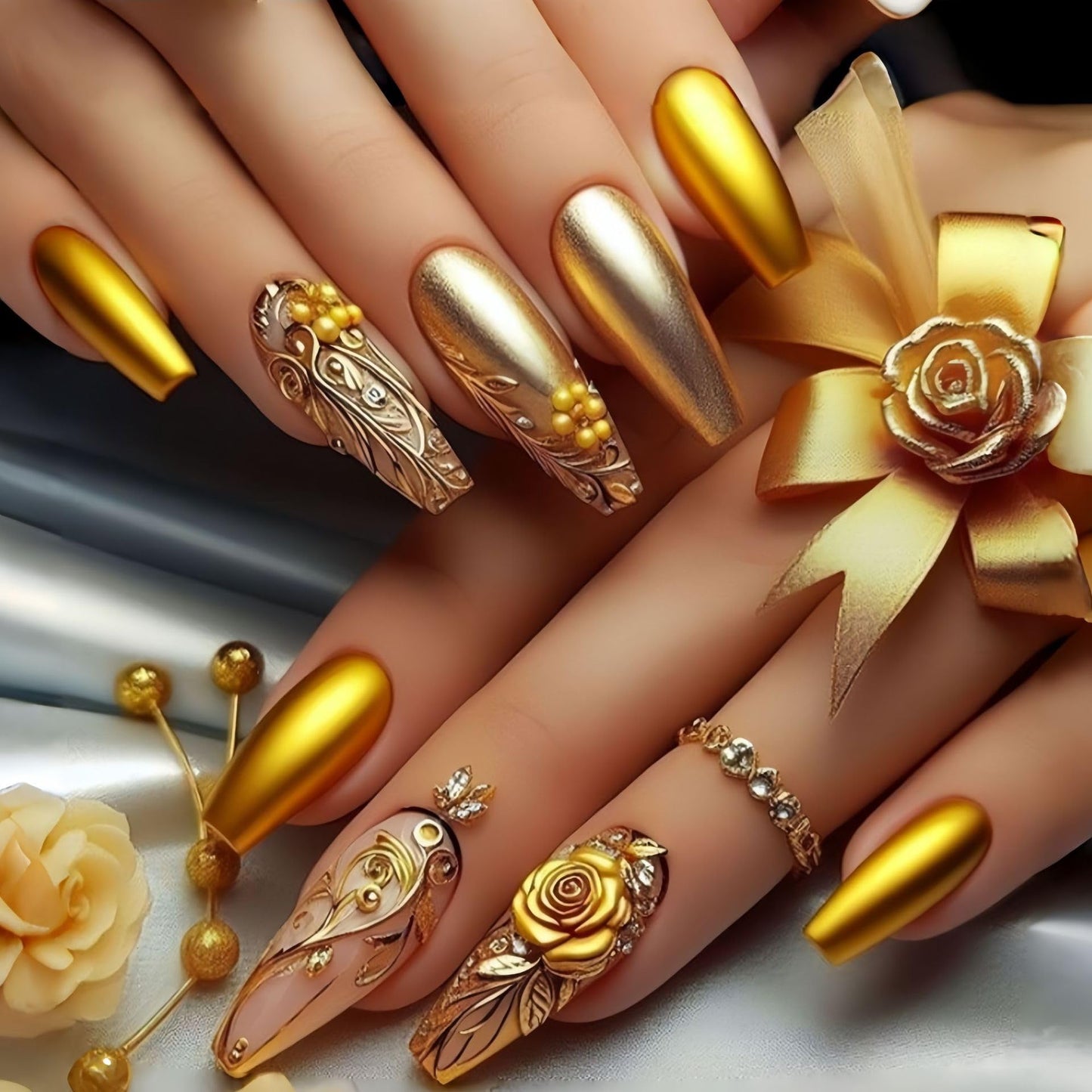 Press on Nails Medium Square Fake Nails Gold Flowers Leaf False Nails Glossy Metal Chrome Acrylic Nails Full Cover Glue on Nail Reusable Artificial Nail for Women Manicure 24Pcs