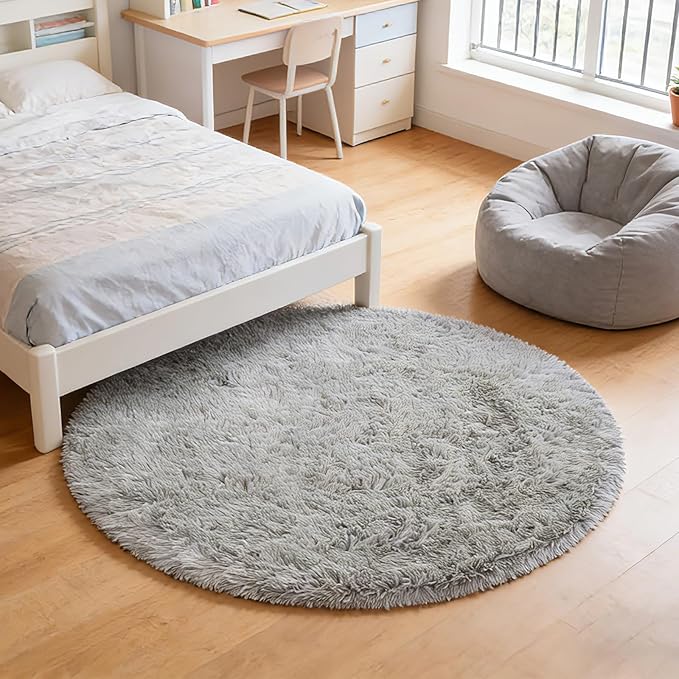 yulidayang Soft Round Area Rug for Kids Bedroom, Fluffy Fuzzy Shaggy Rug 3'X3'for Living Room, Non Slip Circle Plush Rug for Girls Room Nursery Dorm Decor,Light Grey