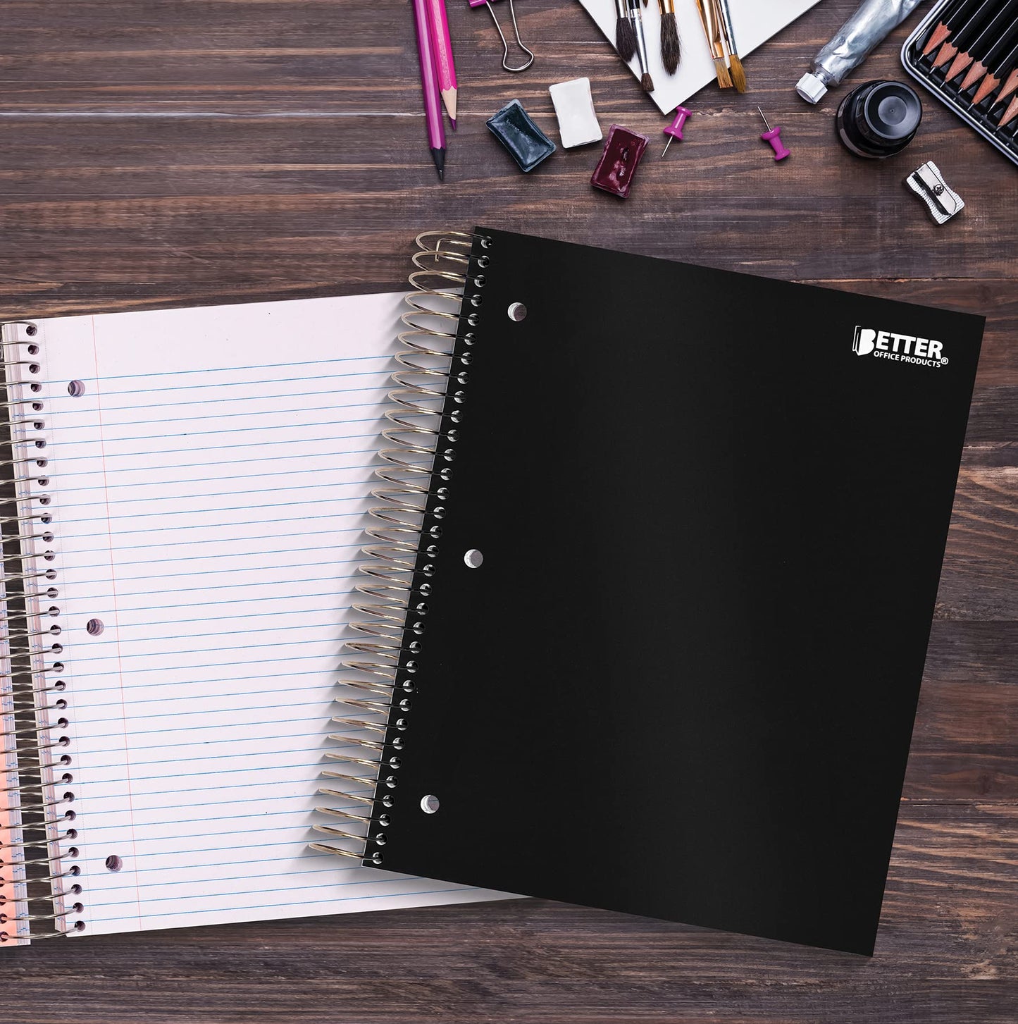 Better Office Products 5 Subject Spiral Notebook, Black Poly Cover, College Rule, 200 Sheet Notebook with 4 Double-Sided Pocket Dividers, 11 x 8.5 inches