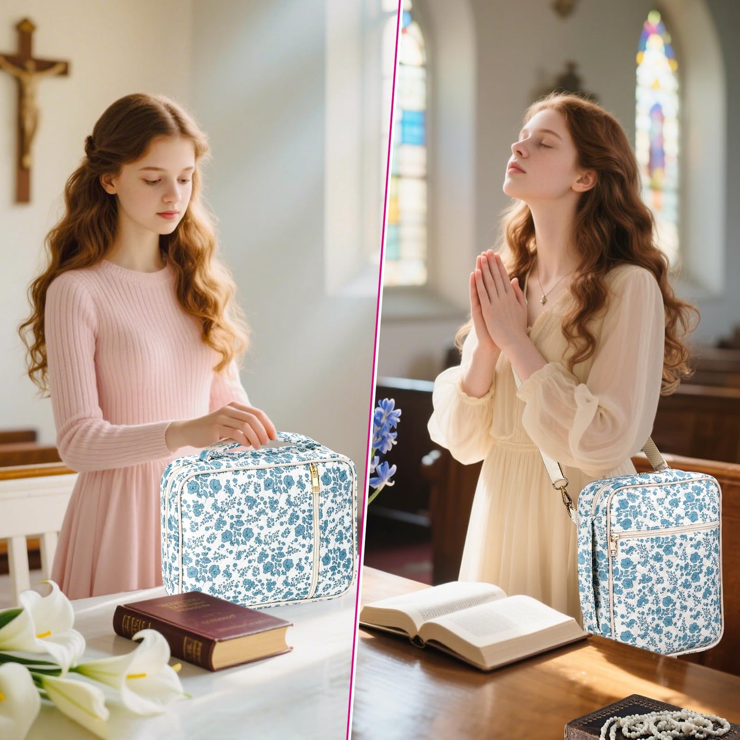 SelfTek Bible Cover Case for Women - Large Quilted Bible Cases for Woman Organizer with Handle & Shoulder Strap, Bible Study Supplies Accessories Christian Gifts (Blue)