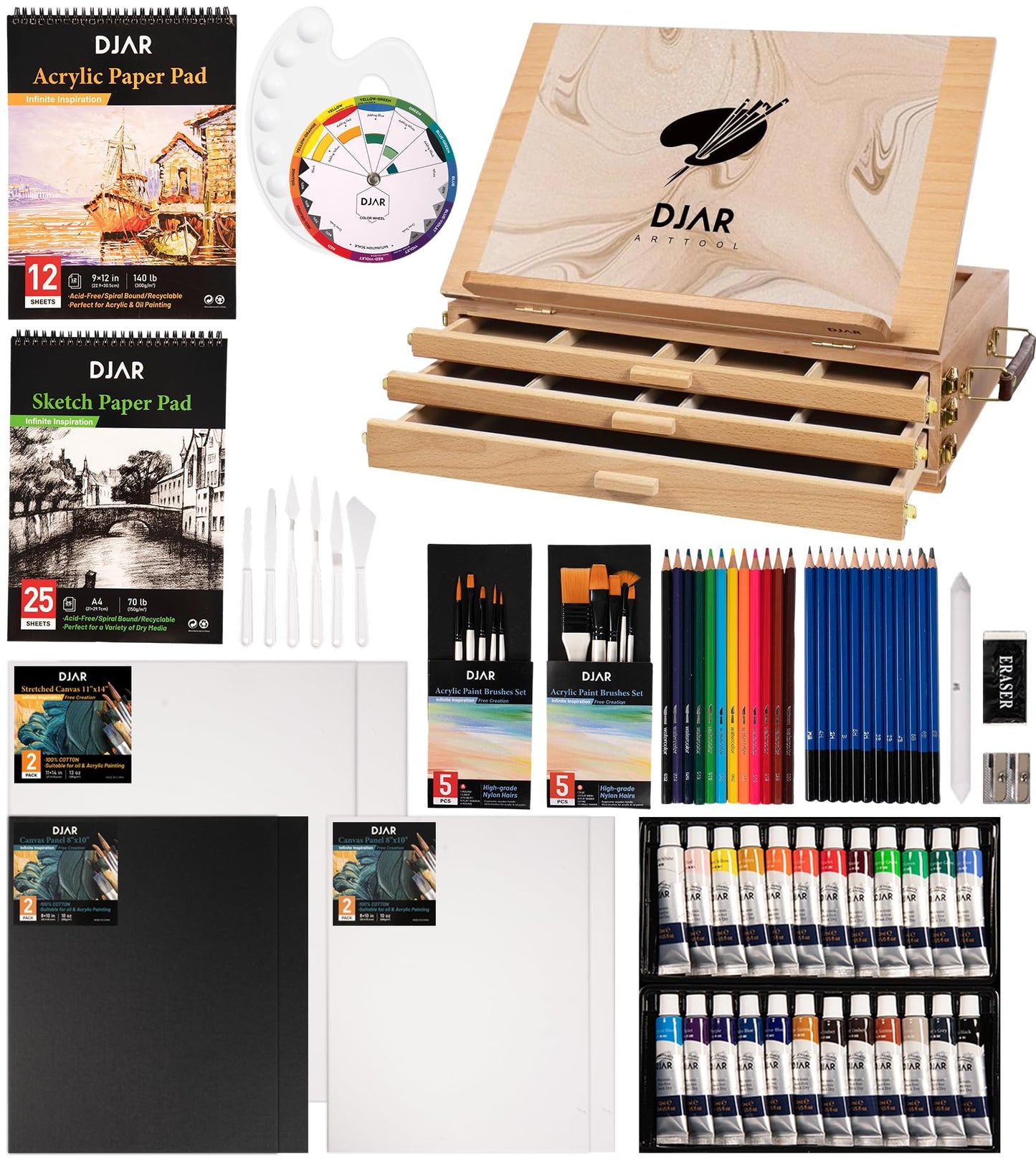 DJAR 87 pcs Acrylic Paint Set with 3 Drawer Storage, 24 Colors of Acrylic Paint, Sketch Book, Paints and Pads, Art Supplies Kit for Adults, Teens and Beginners