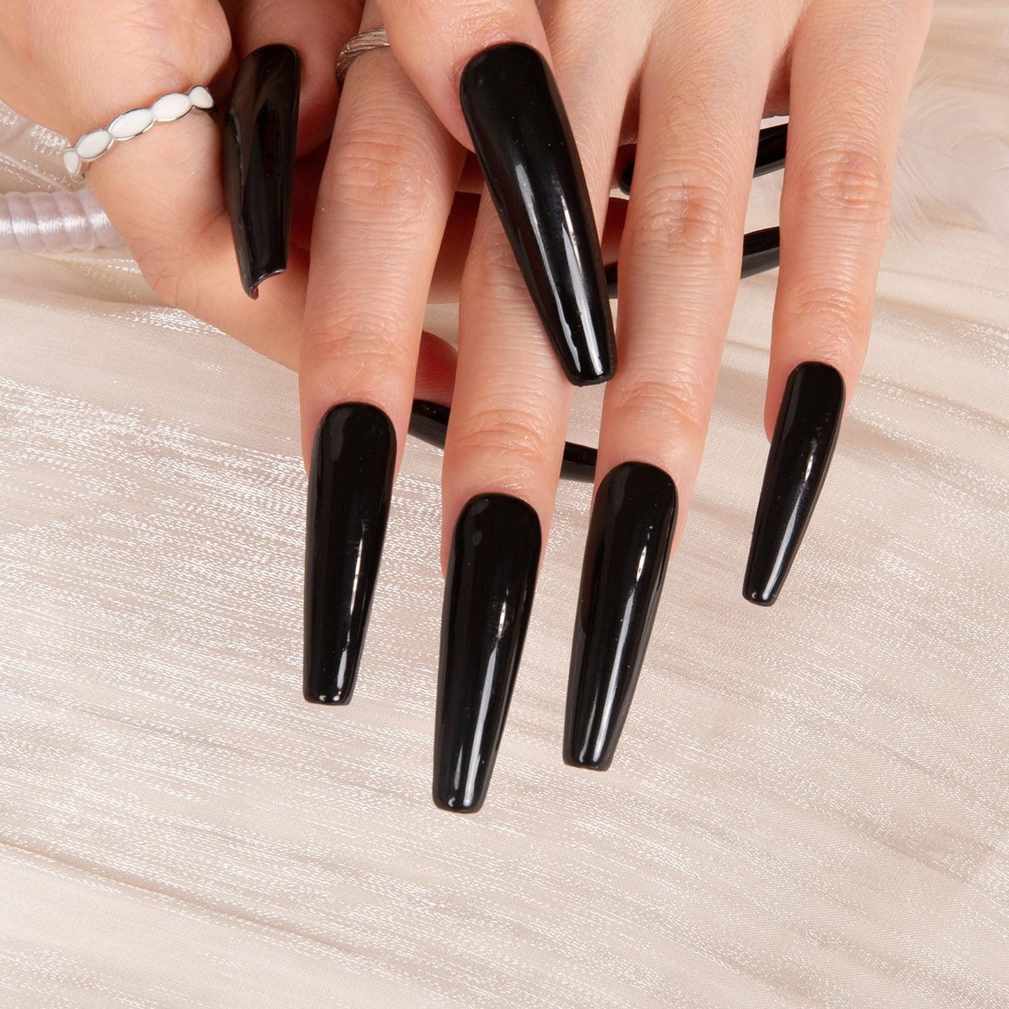 LOVFUL Press on Nails Red Sole Black Red | Handmade with Full Covered Crystals | Reusable Full Cover Nails | Coffin Mid length 1.7 in | H22-S
