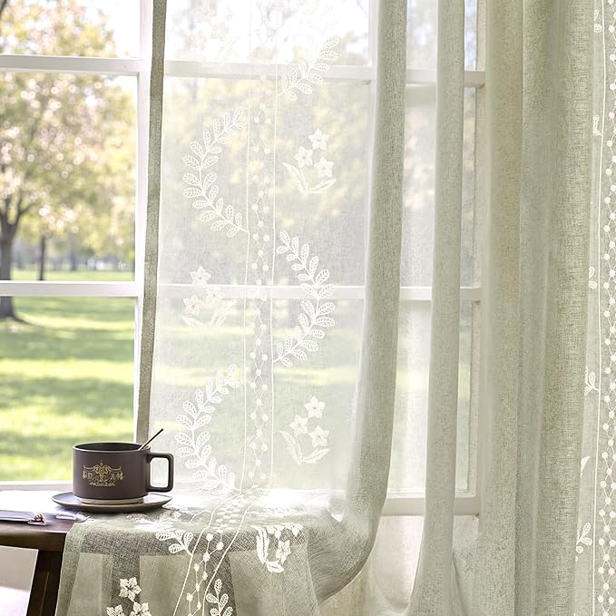 jinchan Belrose Sage Green Floral Sheer Curtains for Bedroom 63 Inch Long Voile Embroidered Farmhouse Curtains for Living Room Ivory Flower Patterned Rod Pocket Window Treatments, 2 Panels Green