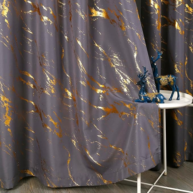 Taisier Home Gold Foil Print Linen Textured Curtains - Geometric Marble Pattern Design for Living Room - Light Filtering Window Treatment, 2 Panels, 84" L, Soft Grey and Gold