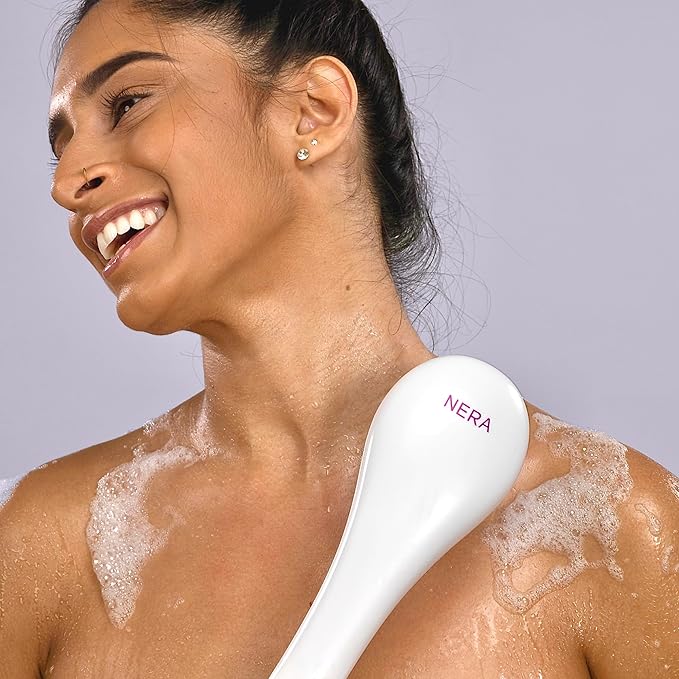 Spa Sciences - NERA - Power Shower Brush - 3-in-1 Multifunction Back & Body Brush - Exfoliation, Cleansing, Massaging - for All Skin Types - Includes Body Brush, Loofah, & Pumice Stone - USB Charging
