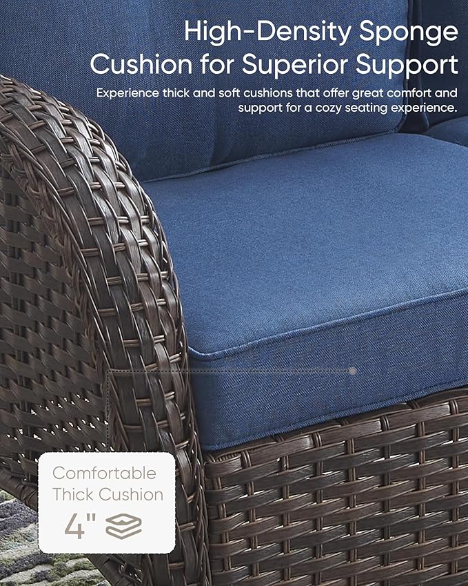HUMMUH Outdoor Patio Couch-Outdoor Rattan Couch with Thick Cushions Outdoor Sofa for Deck Lawn Porch Balcony Poolside-Brown/Blue