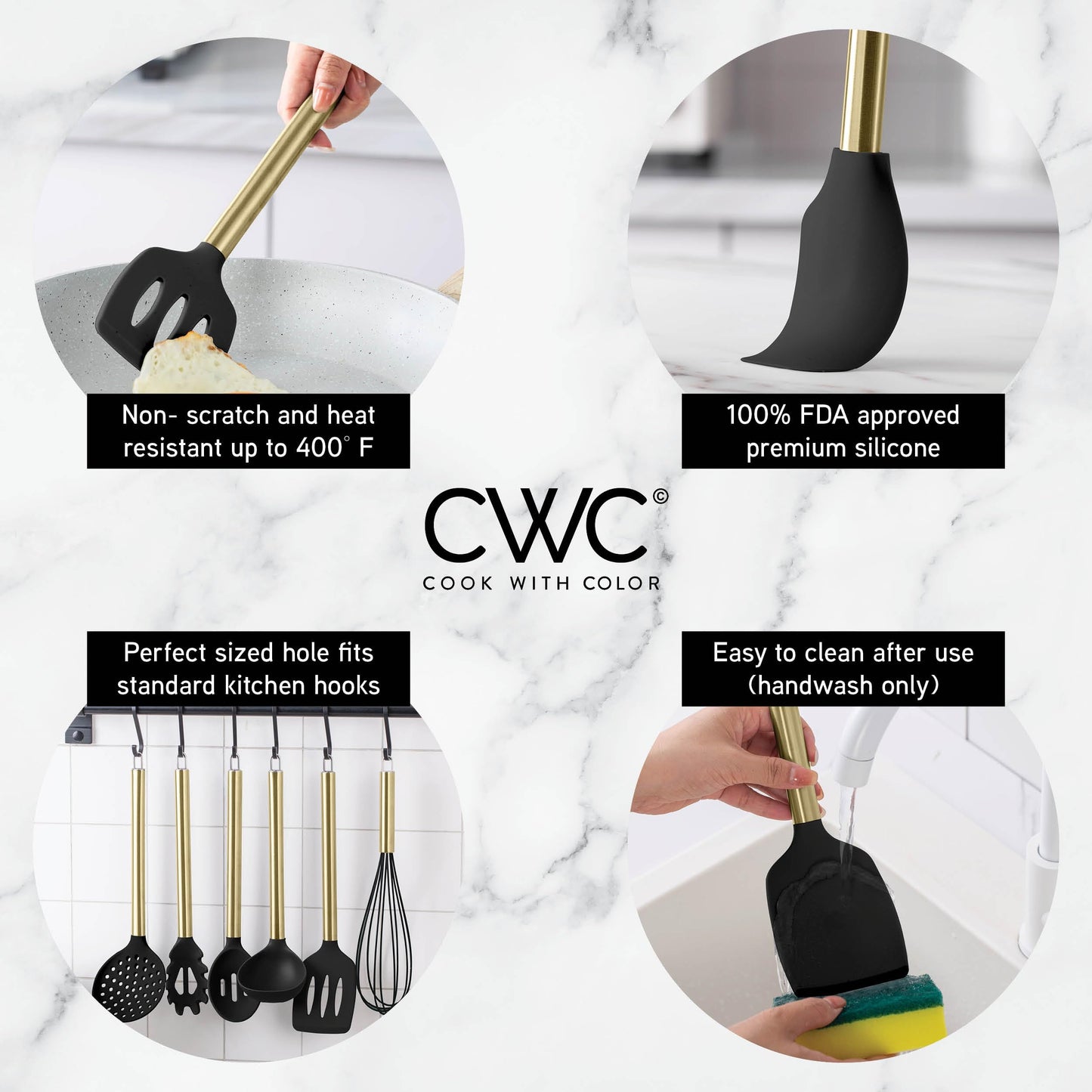 COOK WITH COLOR Silicone Cooking Utensils, Kitchen Utensil Set, Easy to Clean Silicone Kitchen Utensils, Cooking Utensils for Nonstick Cookware, Kitchen Gadgets Set with Holder, 10 Pieces