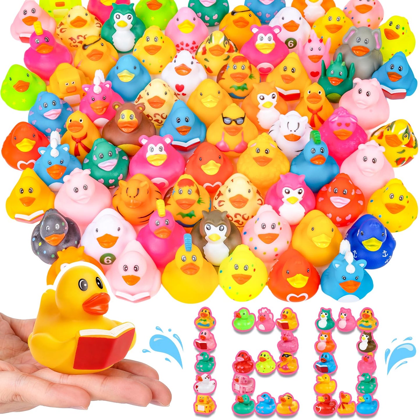 VISRIE 120 Pack Rubber Ducks in Bulk , Assorted Ducks for Jeeps, Bulk Ducks for Bath Toy Summer Pool Toys Birthday Gifts Party Favors