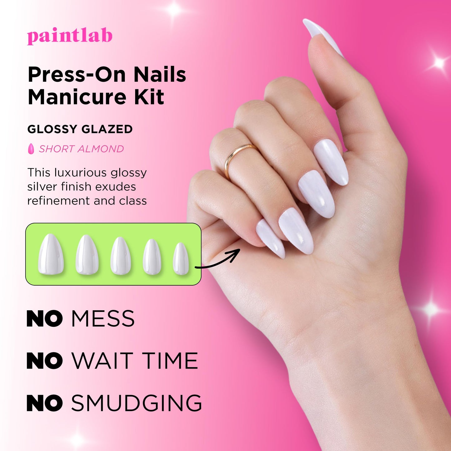 PaintLab Press On Nails - Glossy Glazed Chrome Short Almond Fake Nails, 30 Nails in 15 Sizes with Glue, Reusable Salon Quality Press On Nails