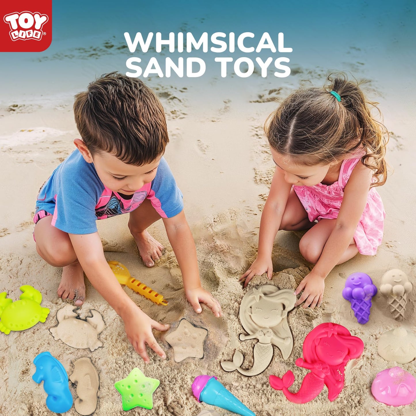 TOY Life 41 Pcs Beach Toys for Kids Ages 4-8 Collapsible Sand Toys Toddlers with Silicone Bucket Shovels & Sand Castle Building Kit Molds, Sandbox Toy Travel, Beach Party, Fishing, Summer Activities