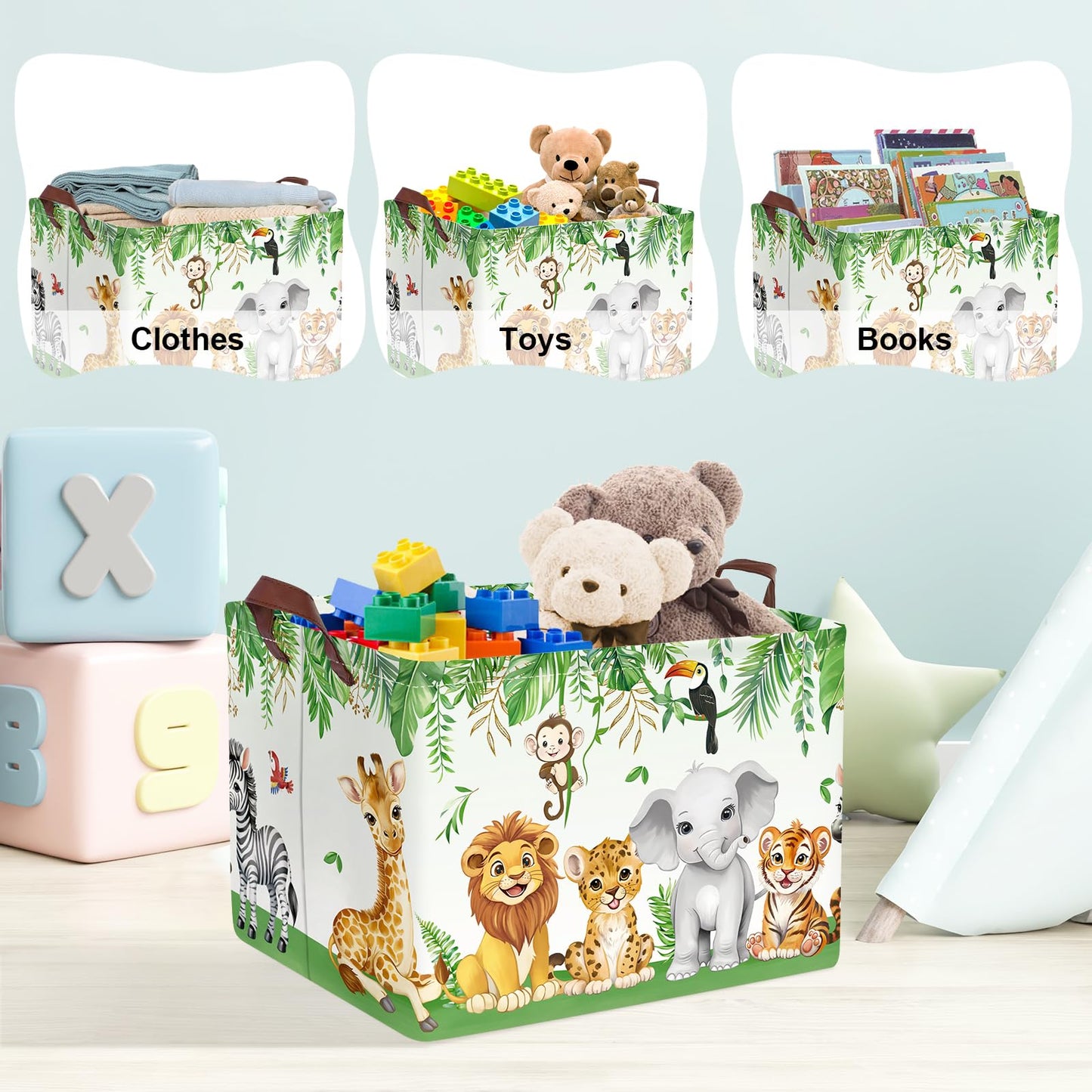 Clastyle Safari Animal Laundry Basket Leaf Kids Clothes Book Storage Basket Gift Toy Box for Bedroom Decor,Elephant Lion Giraffe,40x30x30 cm