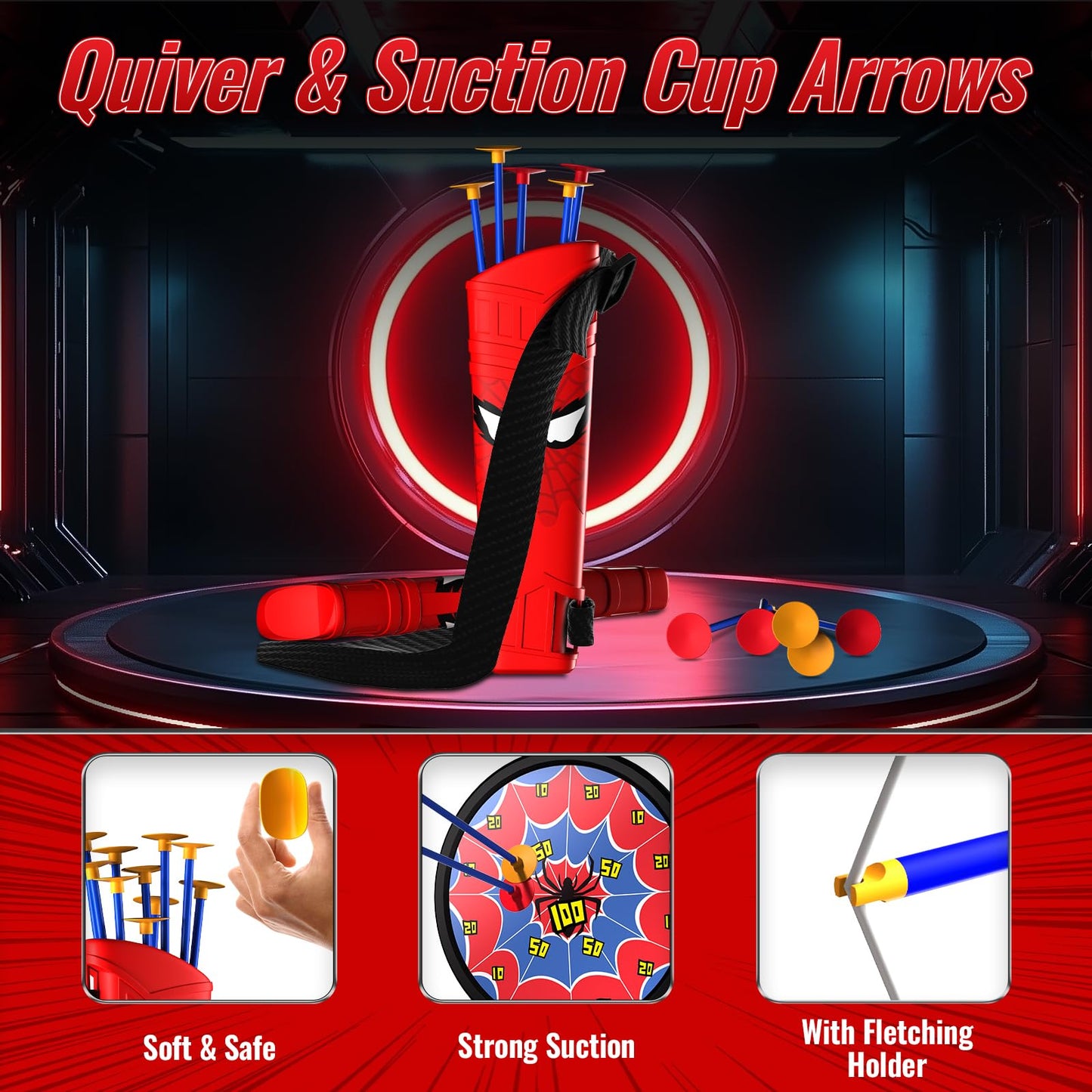 Motivekit Spider Bow and Arrow Set for Kids, 2 Pack Led Archery Set, Bow Arrow Set with 20 Suction Cup Arrows, Target with Stand & 6 Target Cans, Birthday Gift Bow and Arrow Set for Kids 4-6