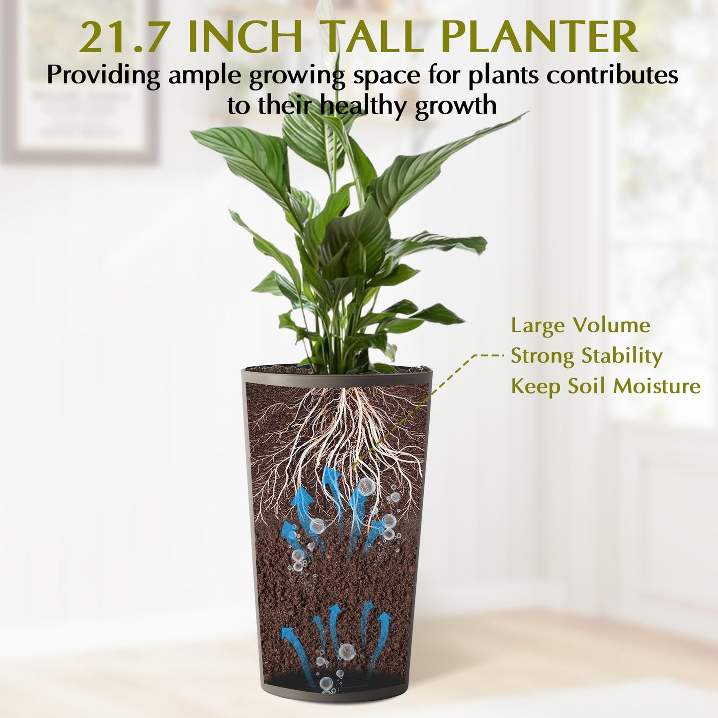 GDFStudio 21.7" Tall Planters Set of 2, Large Planter Pots with Drainage Holes, UV and Crack Resistant, Modern Matte Finish for Indoor Outdoor Balcony Patio Garden, Brown