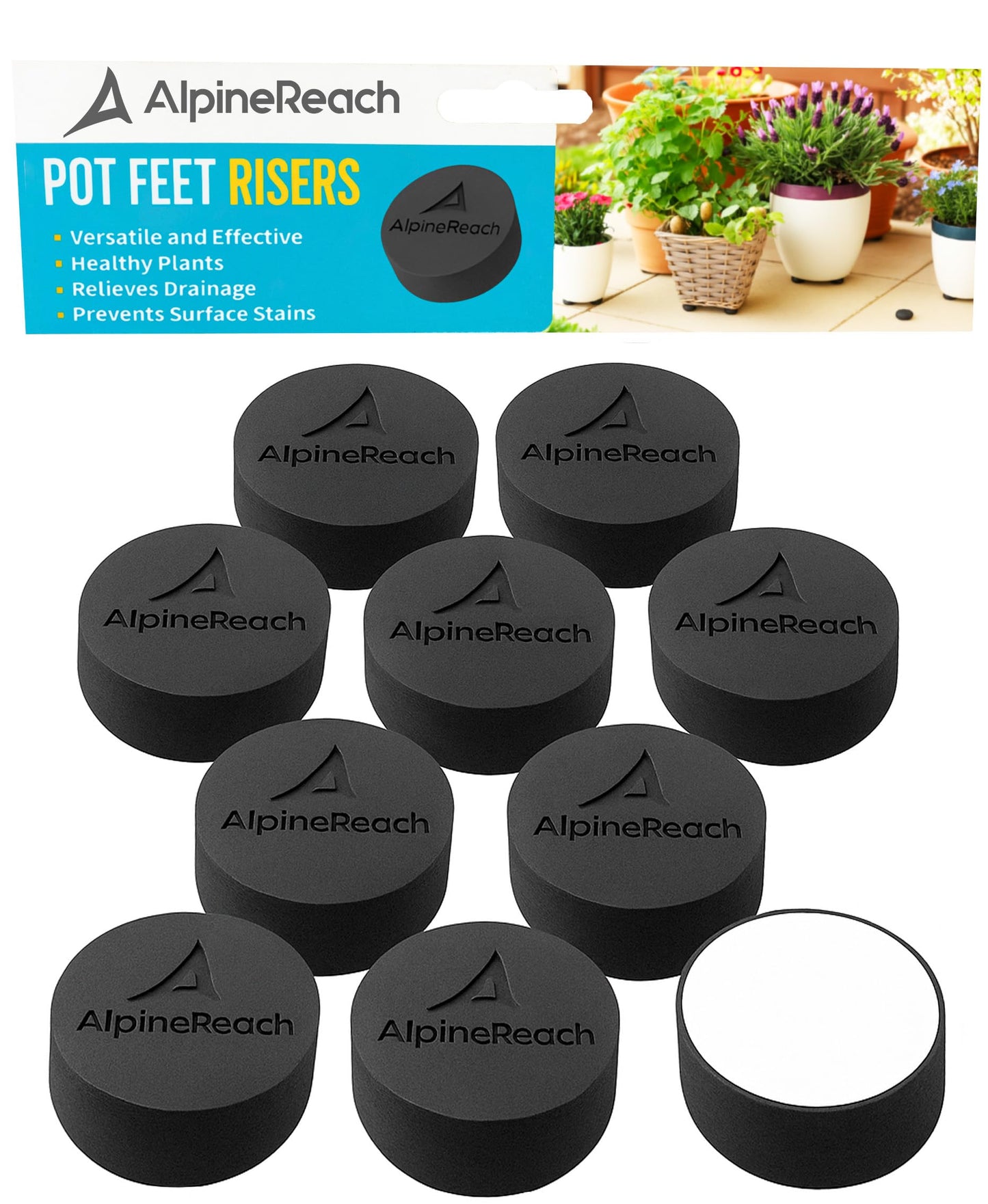 AlpineReach Extra Heavy Duty Pot Feet Risers 20 Pack & Adhesive Pads - Protect Healthy Plants - Strong Invisible Round Supports Small Large Flower Planters Stability - Outdoor Lifter Toes Elevator