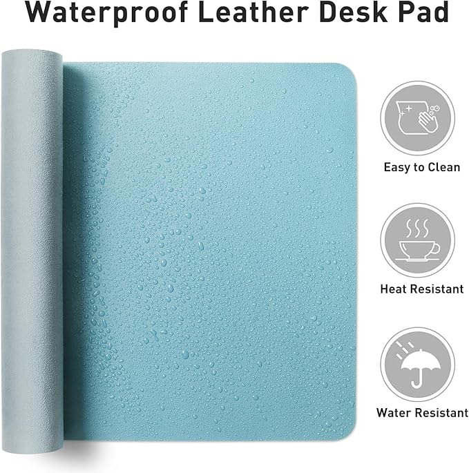 Aothia Large PU Leather Desk Pad Protector – Non-Slip Mouse Pad & Writing Mat for Office/Home, Waterproof, Easy to Clean(36" x 17", Blue Topaz)