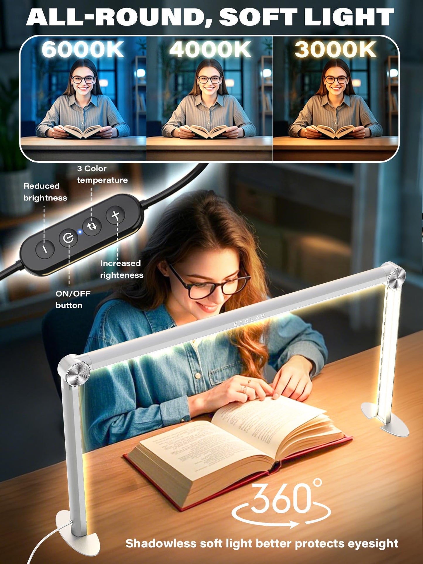 STOLAS Half Moon Light for Nail Desk with Phone Holder, 14 inch Height 3 Modes 3000K-6000K Dimmable LED Light, Desk Lamp for Nail Tech (White)