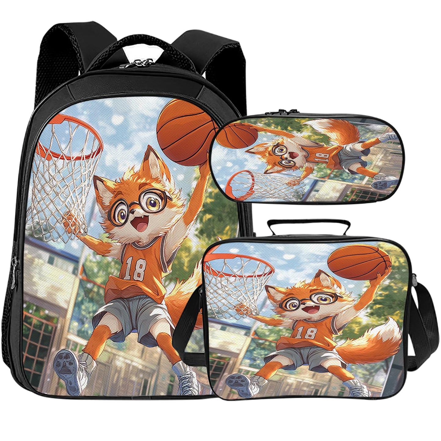 Arevigh Fox School Backpack 3 Piece Set Backpack Lunch Bag Pencil Case Waterproof Fabric for School Gifts for Students Kids Toddler Boys Girls Elementary Middle