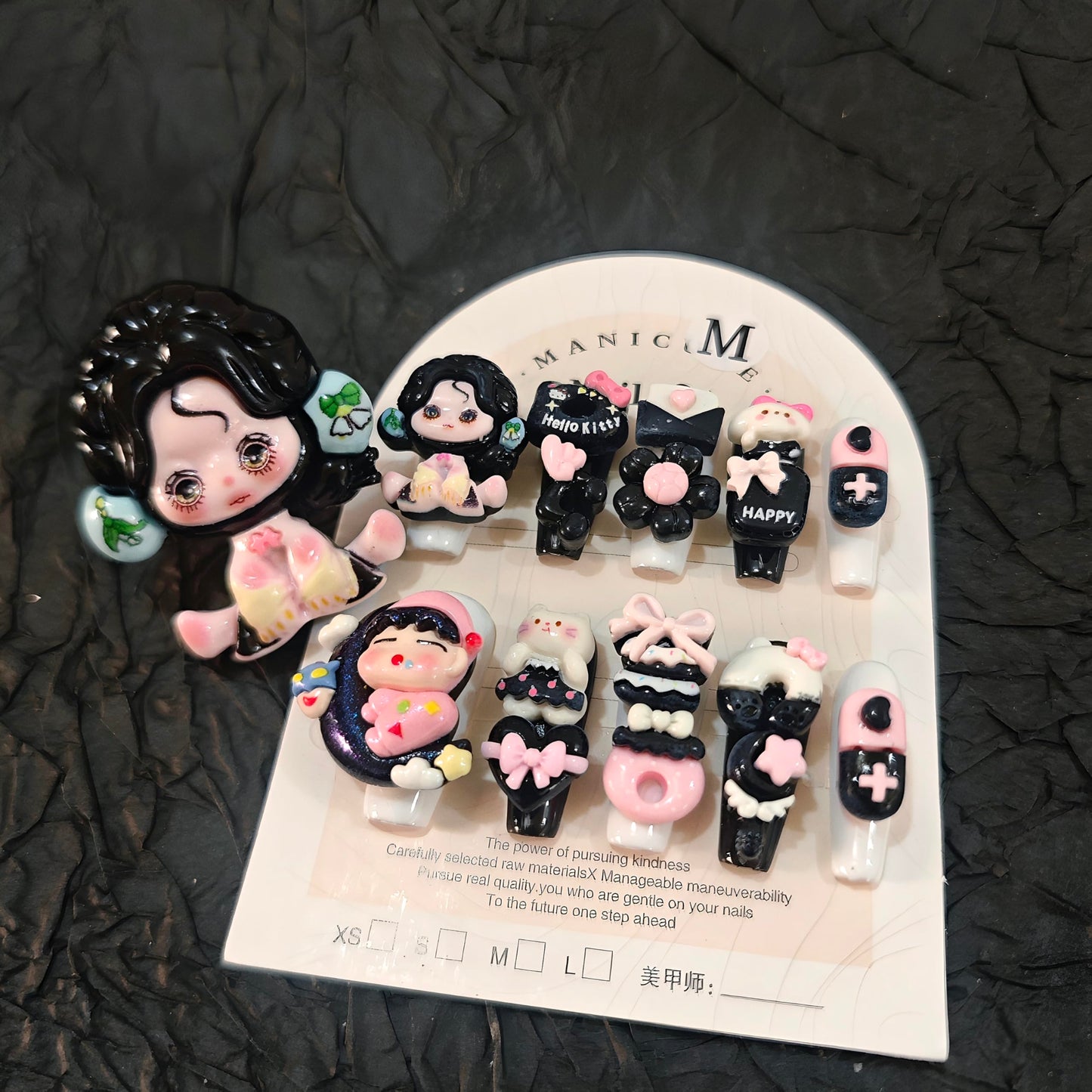 11Pcs(1Pack) Handmade Press On Nails Medium Almond Nails 25mm Gothic Ballet Nails with Ring 3D Bow Heart Skull Charms Black Pink Nail Art for Women Party Daily Wear Size S