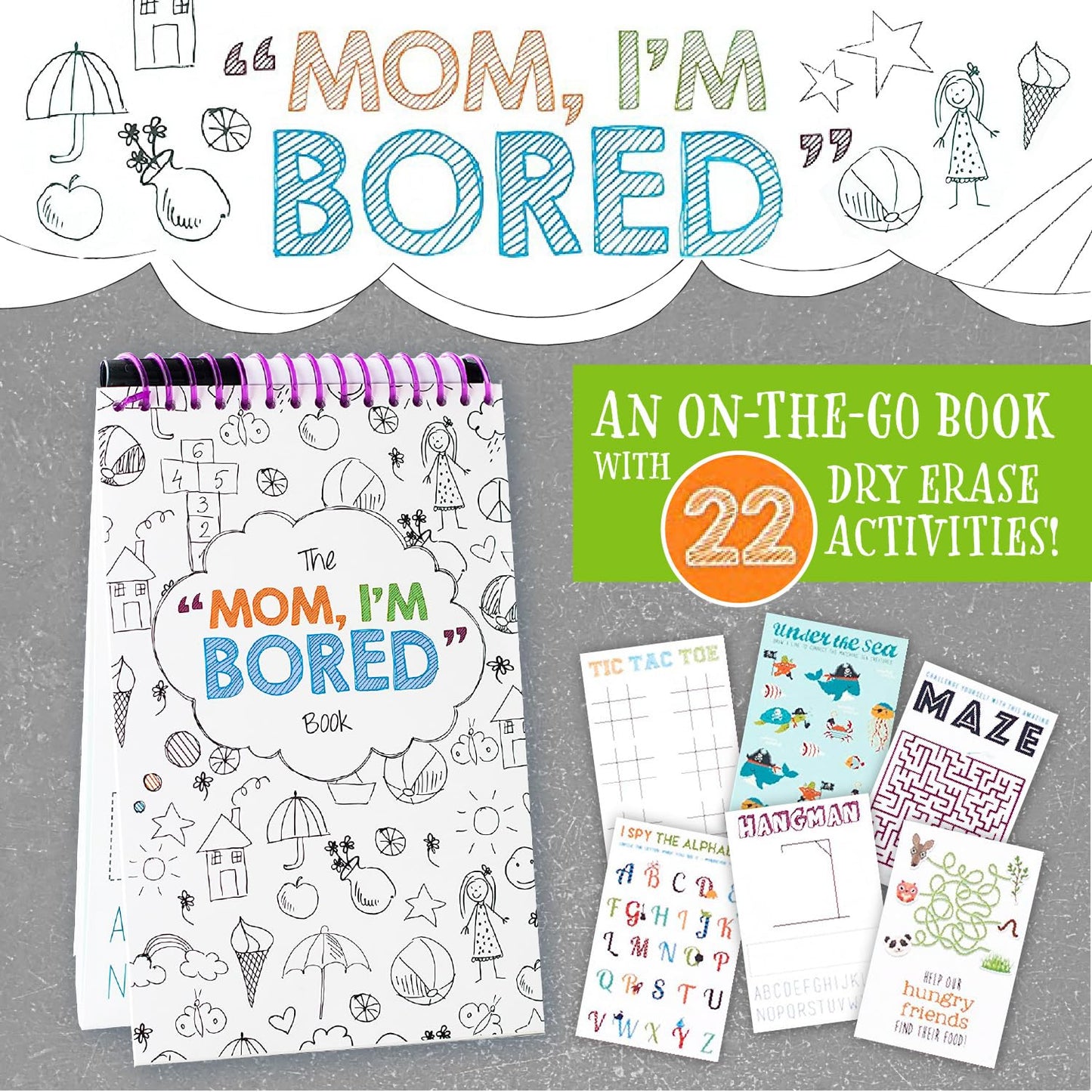 Squirrel Products Mom, I'm Bored Children's Activity Book, Fun Reusable Dry Erase Toy - Roadtrip Essentials, Word Games, Screen Free Activites for Kids Ages 3 and Up - Original Version