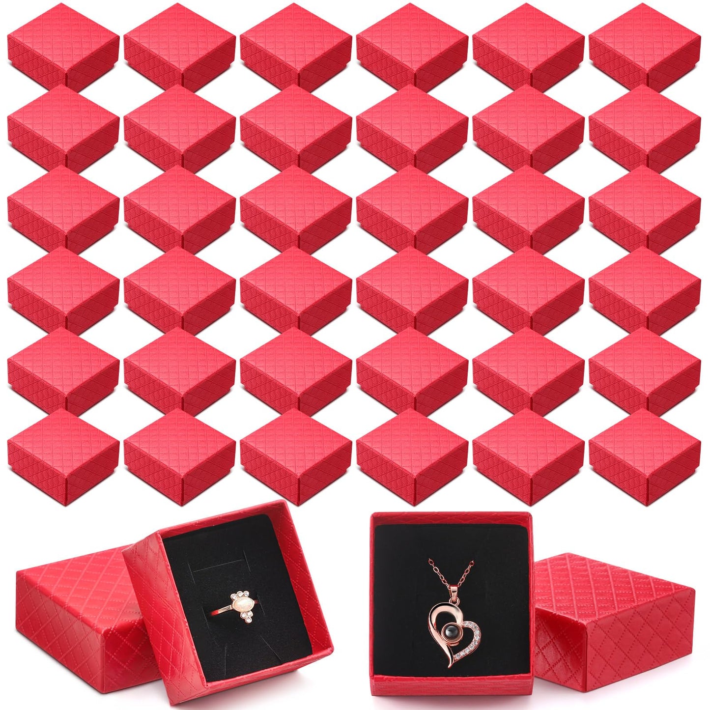 Landical 100 Pcs Jewelry Ring Gift Box 2'' x 2'' x 1'' Small Cardboard Earring Ring Gift Box with Velvet and Sponge Liner Pendant Case Bulk for Necklace Bracelet Earring Display Wedding (Red)