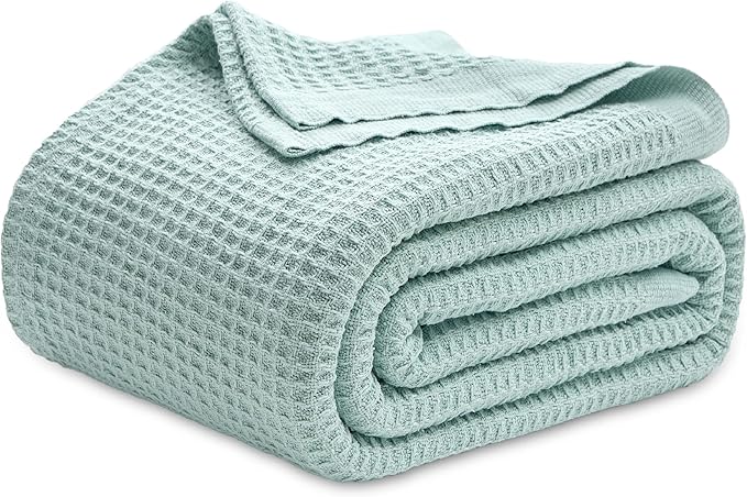 Bedsure 100% Cotton Blanket Queen Size for Bed - Breathable and Soft, Waffle Weave Blanket for Summer Spring, Mint, 90x90 Inches