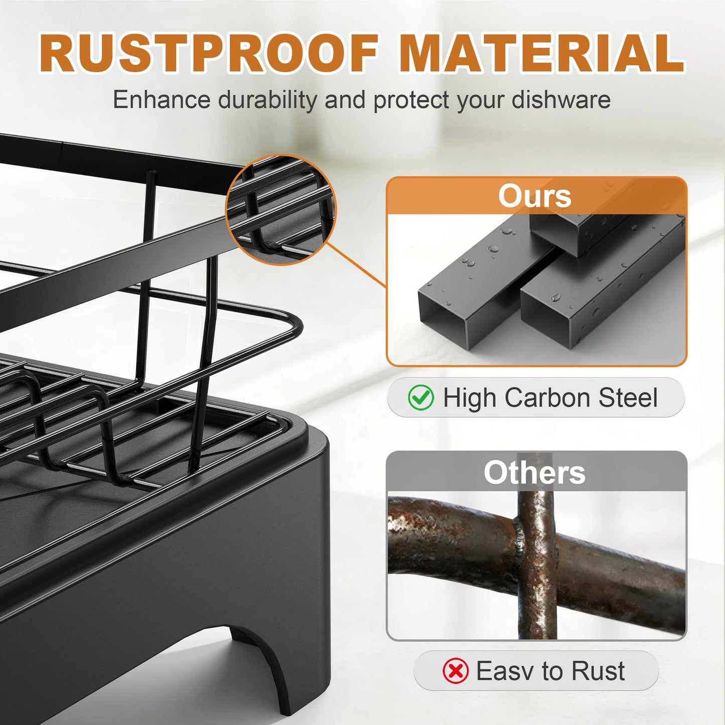 OERPHO Dish Drying Rack for Kitchen Counter, Dish Rack, Dish Drainer for Kitchen with Built-in Drain, Stainless Steel Sink Organization and Storage Essentials with Cutlery Holder (17" x 13.4", Black)