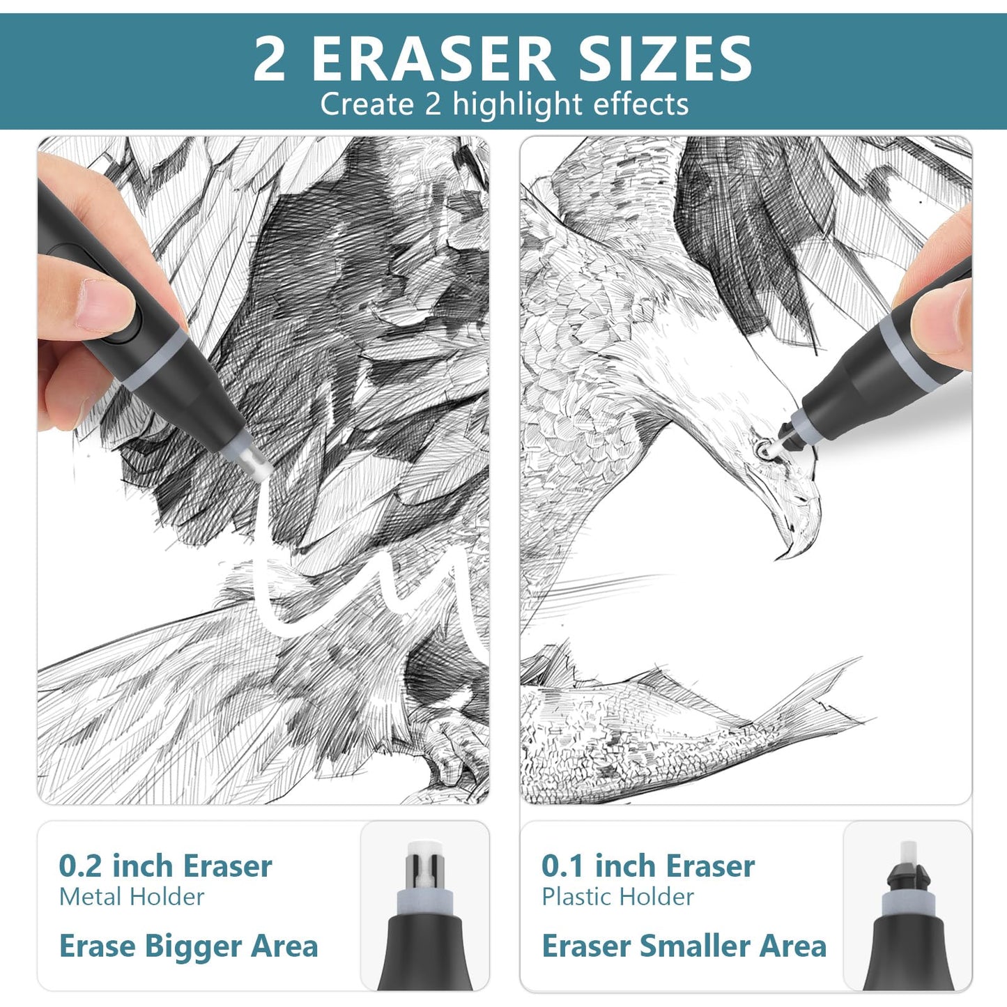 Foyucool Electric Eraser, USB C Rechargeable Pencil Eraser with 220 Eraser Refills, 2 Eraser Sizes, Comfort Grip Art Eraser for Drawing, Ideal for Artists, Students, Sketch, Engineers, Black