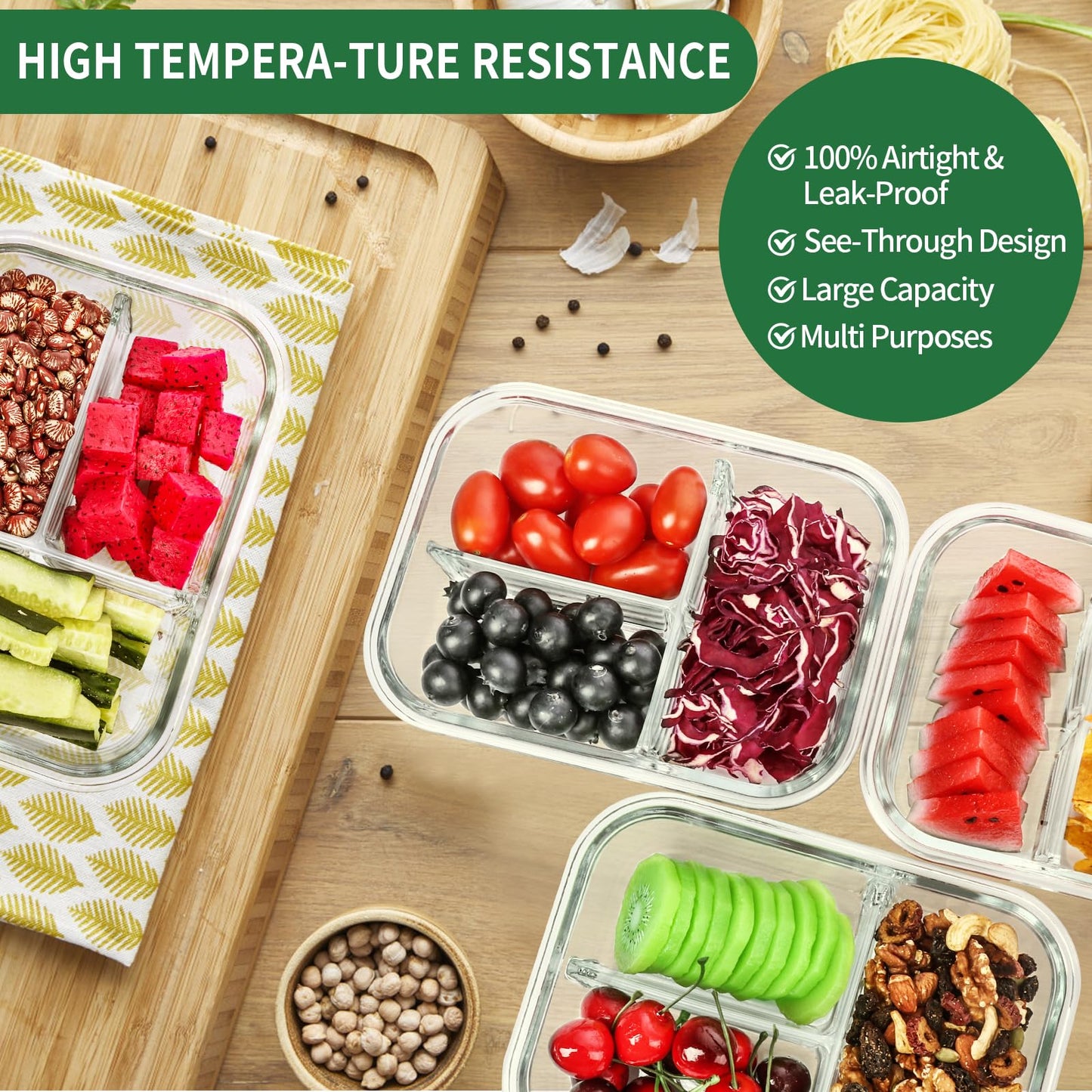 Skroam 5-Packs 36OZ Glass Airtight Food Storage Containers 3 Compartments, Meal Prep Container Set with Lids for Pantry Kitchen Organizers and Storage, BPA Free Glass Lunch Boxes Bento