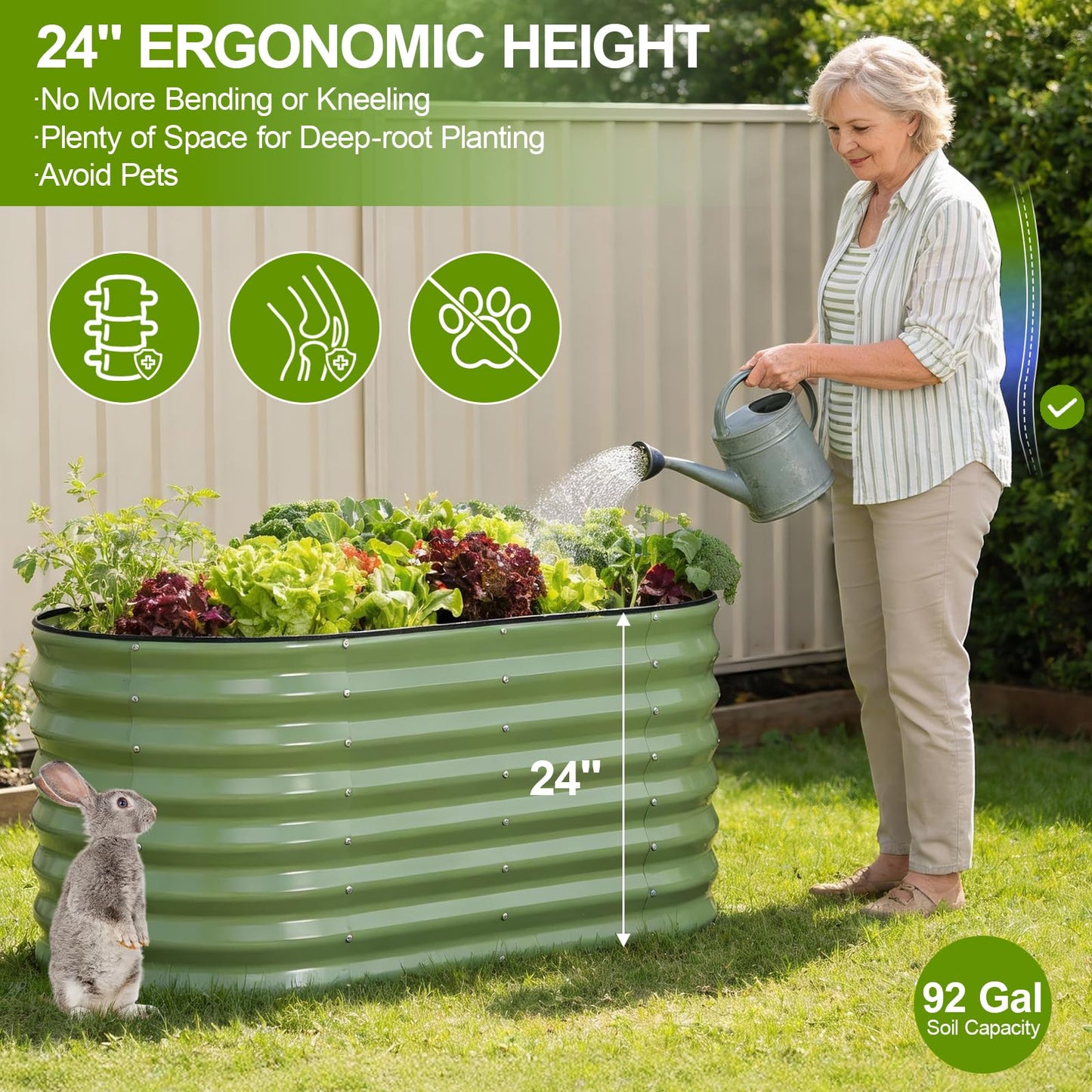 24" Tall Galvanized Raised Garden Bed Outdoor, 4x2x2ft Deep Metal Planter Box with Safety Edging & Support Bars, Large Oval Raised Beds for Gardening Plants Vegetables Herbs Flowers (Olive Green)