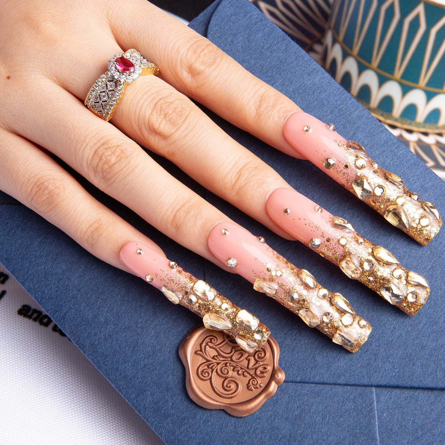 LOVFUL Gold Bling Press On Nails, Stunning Drill Glue On Nails, Luxury Fake Nails, Princess Nails | Handmade Nails l Fake Stick on nails | Square Long 2.2 in | H84(L)