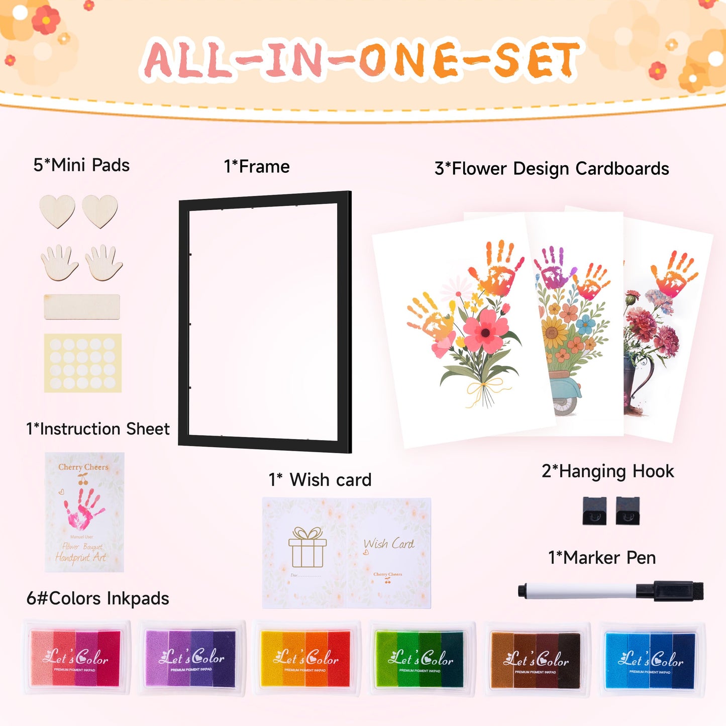 CHERRY CHEERS Flower Bouquet Handprint Art Kit, 3 Special Unique Sheets with Floral Design, DIY Keepsake Craft Gift, Meaningful Christmas or Thanksgiving Gift, 6 Colors Non-Toxic Inkpads (Black)