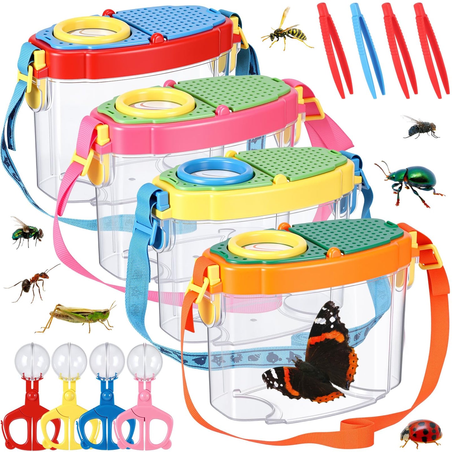 Halloscume 4 Set Bug Catcher for Kids Bug Viewer and Insects Tweezer for Students, Critter Catching Kit Magnifying Insect Cage Container Kit for Kids Outdoor Science Nature Exploration