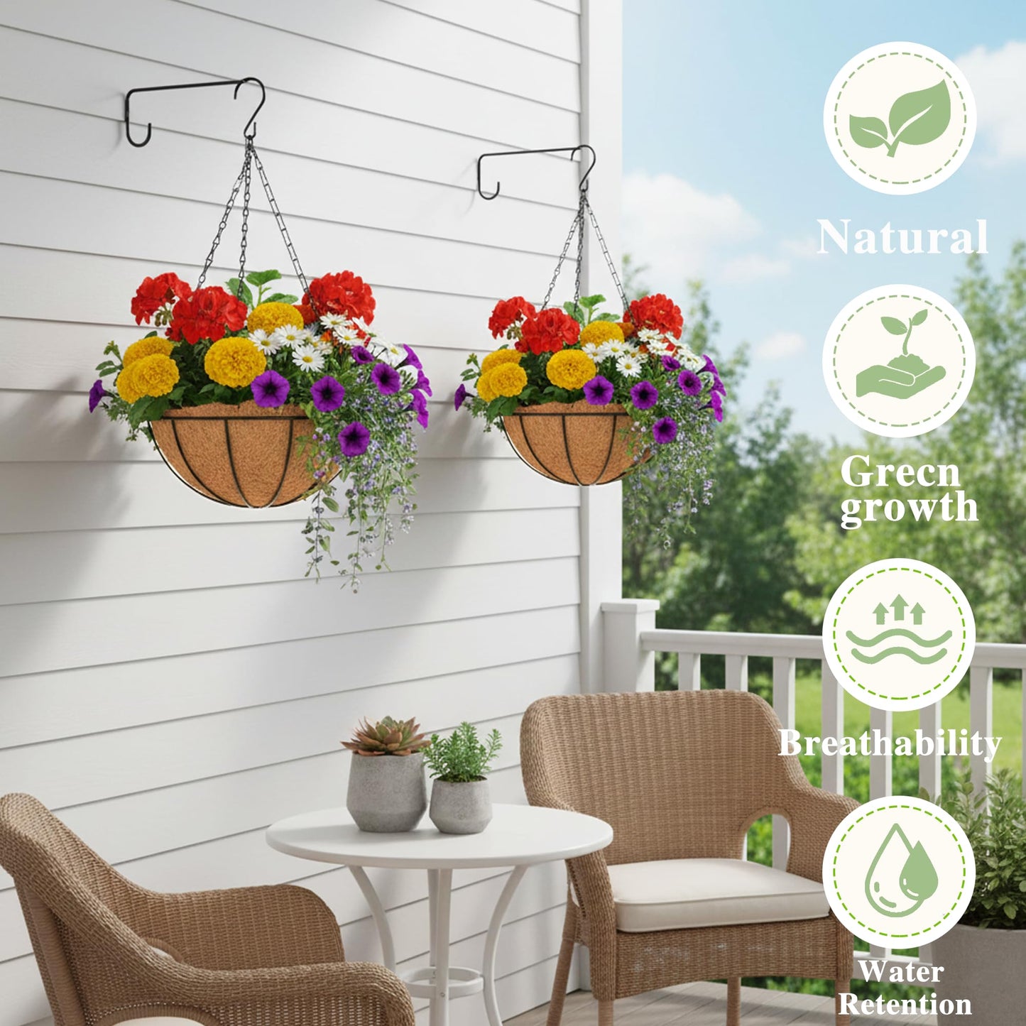 EIMQUVW Outdoor Metal Hanging Planters Basket (4pack, 14 inch) Hanging Baskets for Plants Chain Round Wire Plant Holder with Coco Fiber Liners for Garden, Patio, Deck, Porch