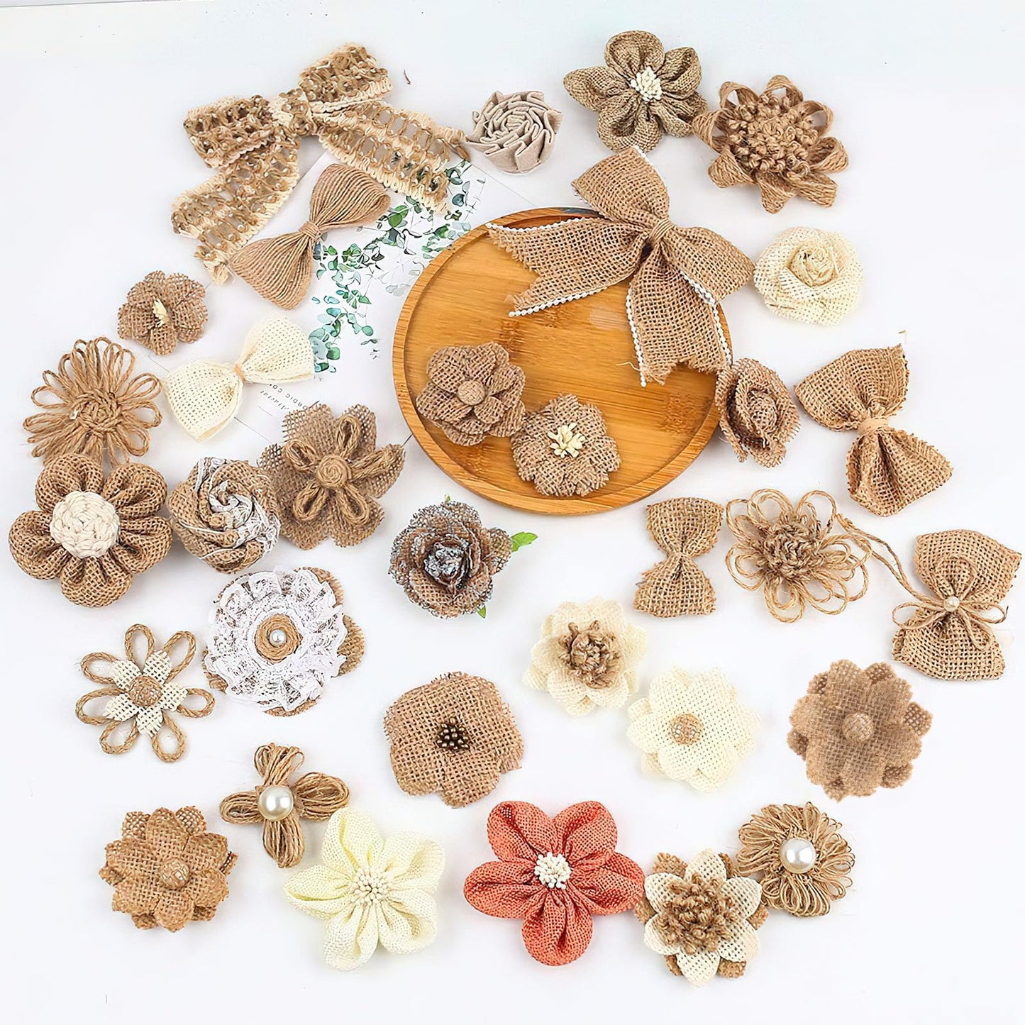 VGOODALL 32 PCS Natural Burlap Flowers Set, Burlap Bows and Scrapbook Embellishments for Wedding Party Decor Home, Embellishments for Crafts