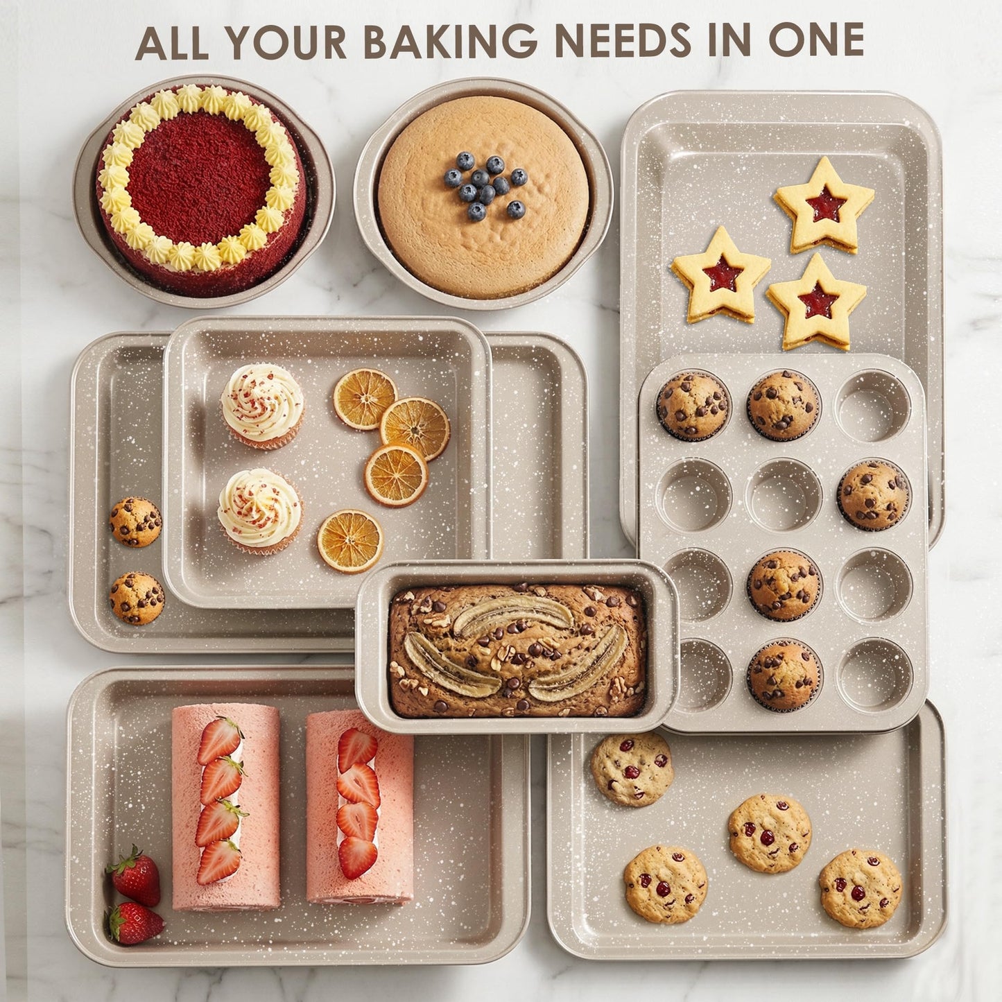 FLAREFX 11 Piece Baking Set | Nonstick & Non Toxic Bakeware Sets Baking Pans Set | Carbon Steel Baking Supplies Include Notebook, Cookie Sheets, Roasting Pan, Muffin Pan, Cake Pan, Pizza Pan, Loaf Pan