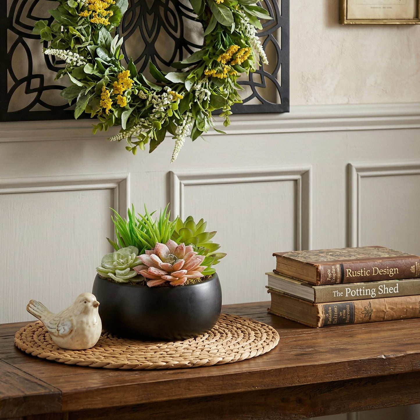 MyGift Mini Artificial Succulent in Pot, Fake Plant Arrangement in Black Ceramic Planter Bowl
