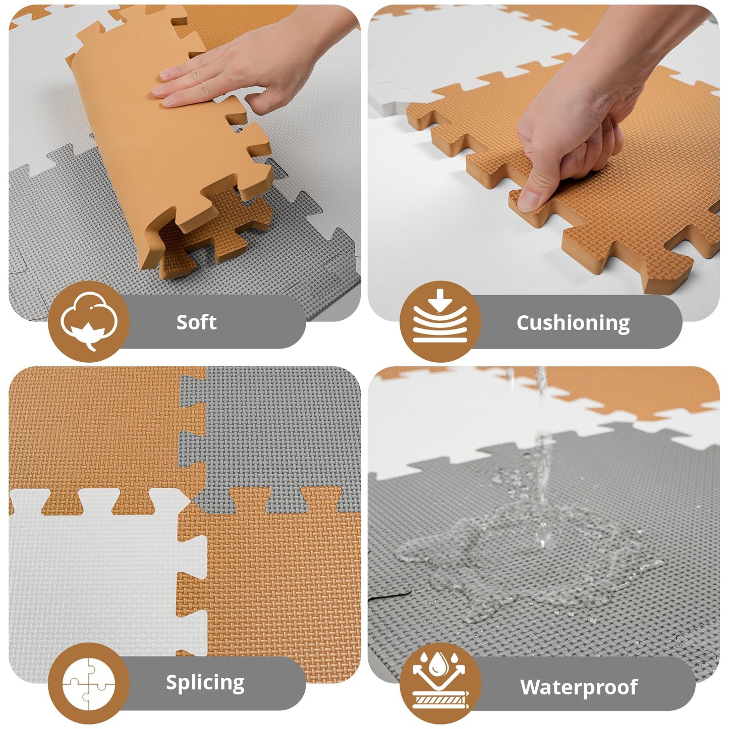 36Pcs Baby Play Mat for Floor, Foam Floor Tiles for Kids with Interlocking, Squares Foam Puzzle Carpet for Playroom,Crawling Rug for Babies 6-12 Months,Toddlers,11.8*11.8*0.6In Each,Grey White Brown