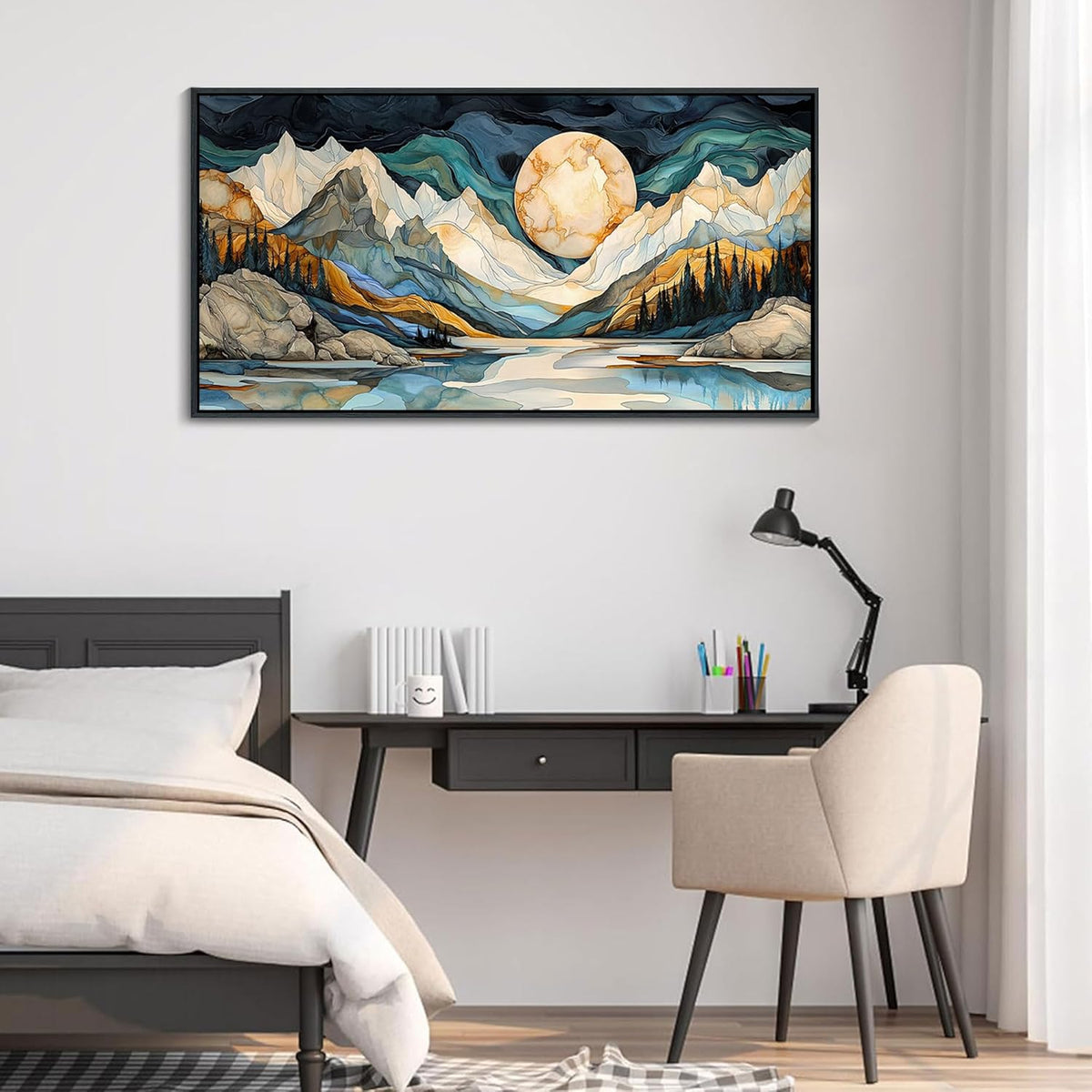 JEAWA Framed Canvas Wall Art - 24x48 Inchs Large Abstract Painting Decor, Textured Mountain Pictures as Gifts for Friends, Modern Art Prints for Bedroom Living Room Bathroom Home Decoration