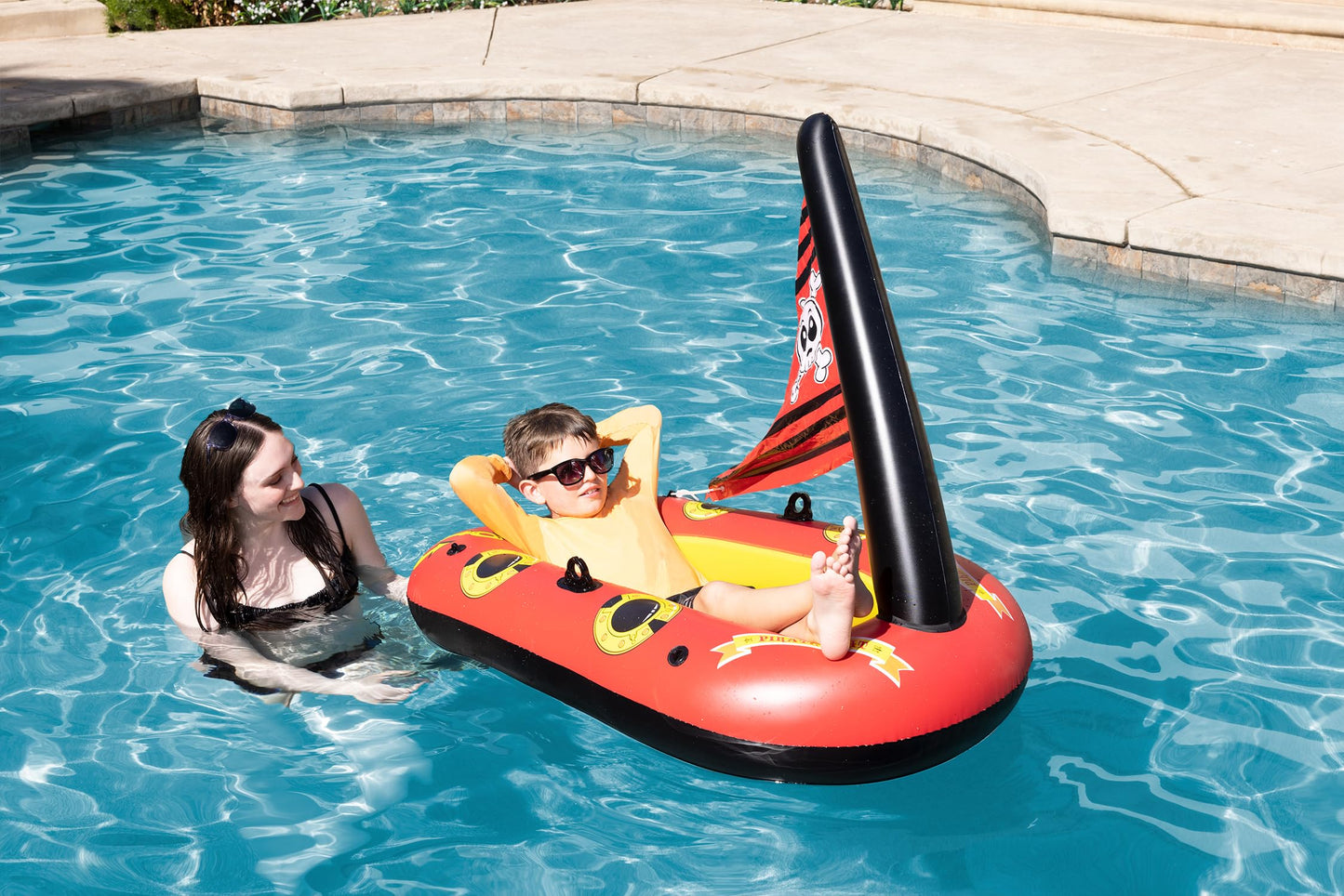 Poolmaster Inflatable Pirate Boat Pool Float for Kids, Baby Rider Boat with Seat, Pirate Ship Inflatable with Mast, Oar Locks and Rope Holders, Durable Vinyl Floatie for Pool, Lake or Beach