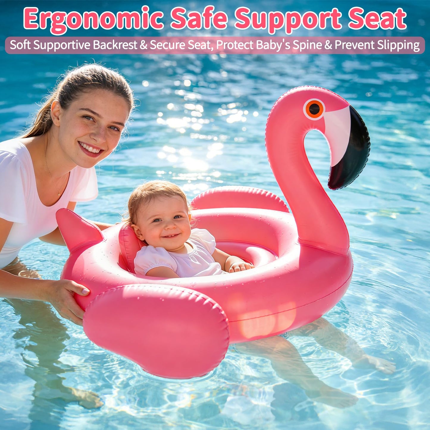 Flamingo Baby Pool Float with Canopy UPF 50+,Toddler Pool Float with Removable & Adjustable Sunshade,Inflatable Baby Swim Float with Back Holder for 8-36 Months Girls Boys Summer Essentials