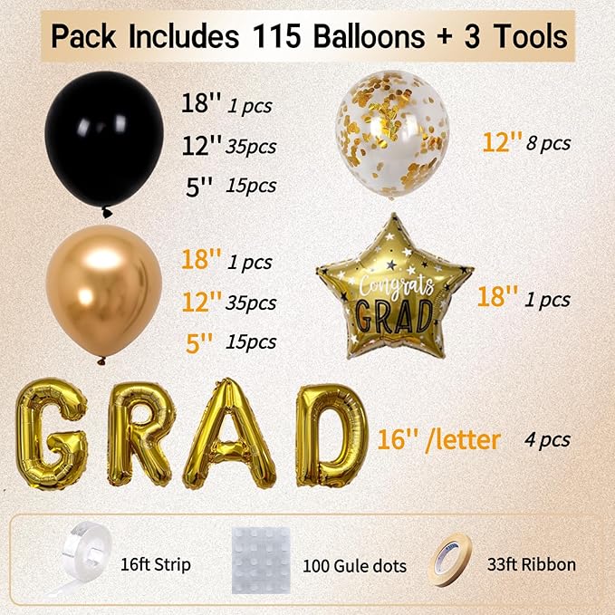 BalloonExpert 115Pcs Black Gold Graduation Balloon Arch Kit – GRAD Garland with Foil Letters & Star Balloons for Class of 2026