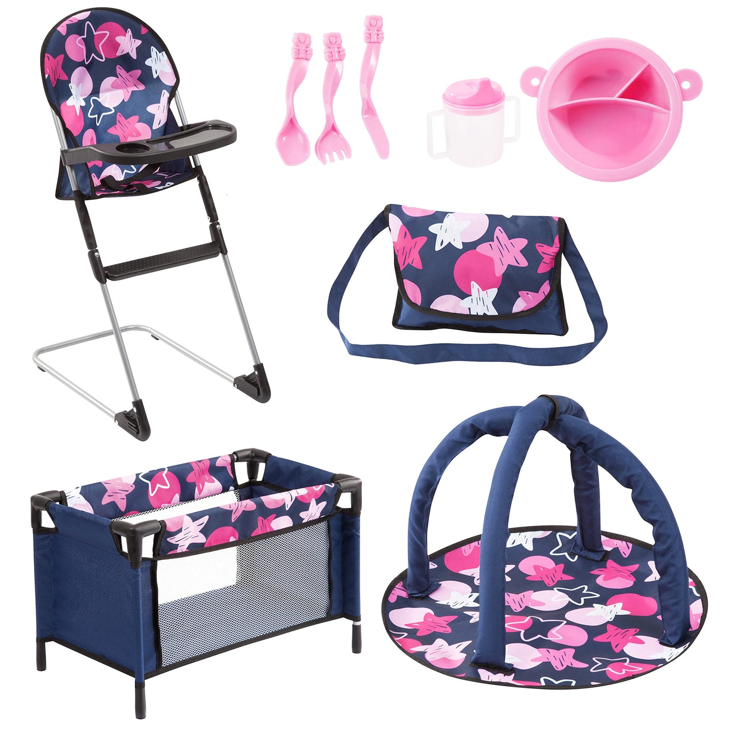 Bayer Real Life Baby Doll Accessories - 9-in-1 Furniture Set with Highchair, Travel Bed, Dining Set