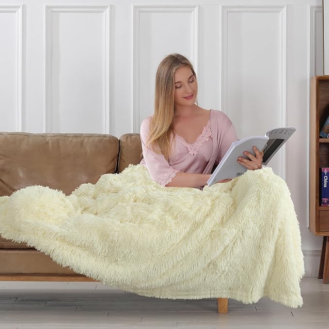 Tuddrom Decorative Extra Soft Faux Fur Blanket Twin Size 70" x 78",Solid Reversible Fuzzy Long Hair Shaggy Fluffy Cozy Plush Fleece Comfy Microfiber Blanket for Couch Sofa Bed,Light Yellow