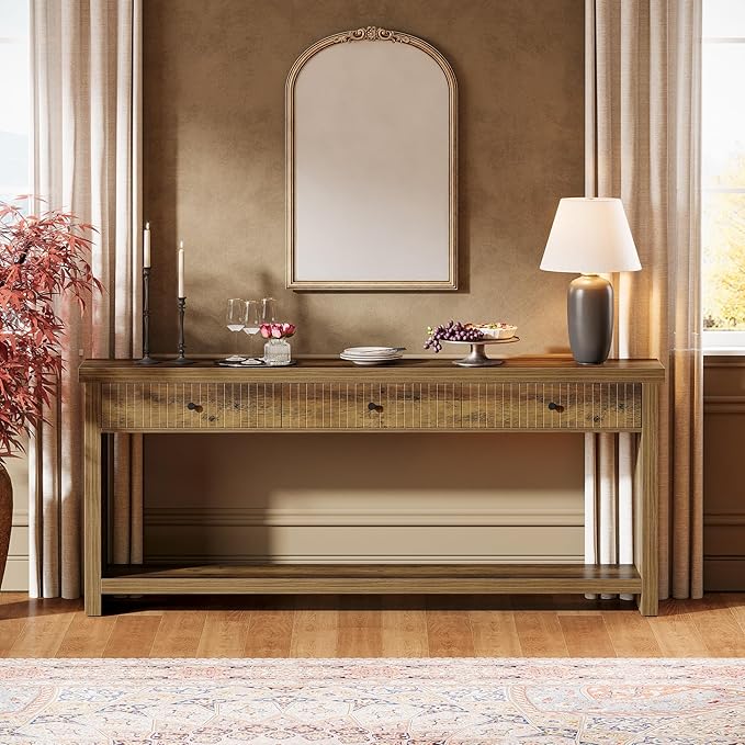 Tribesigns 70.9-Inch Extra Long Entryway Table with 3 Drawers, Sofa Console Table with Open Storage Shelves, Wooden Couch Foyer Tables for Living Room Hallway Entrance