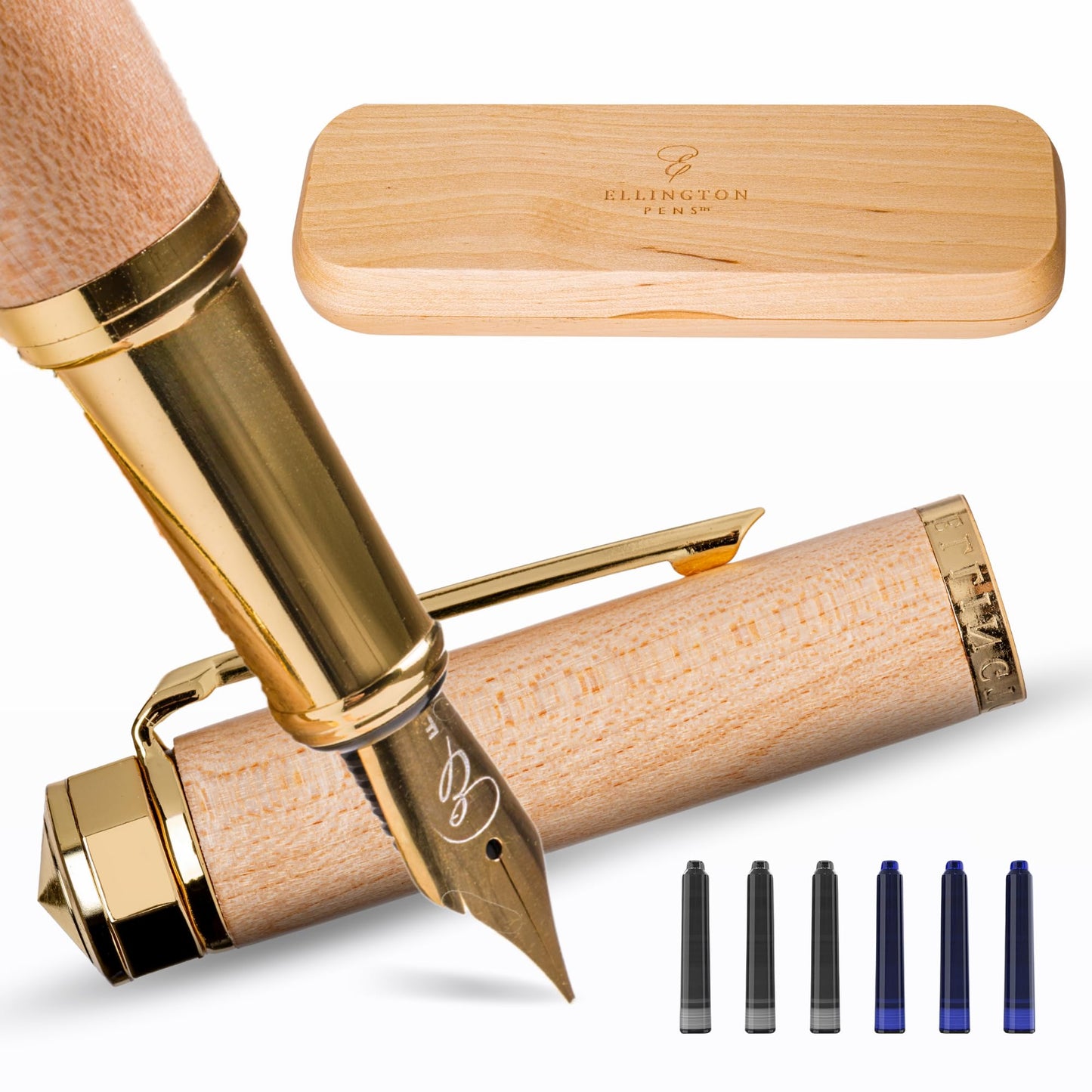 Ellington Pens Luxury Wood Fountain Pen Set – Fine Nib - Includes Wooden Pen Gift Box, Ink Converter, 6 Ink Cartridges – Wood Pen For Writing, Calligraphy, Journaling, Drawing (Maple Harmony)