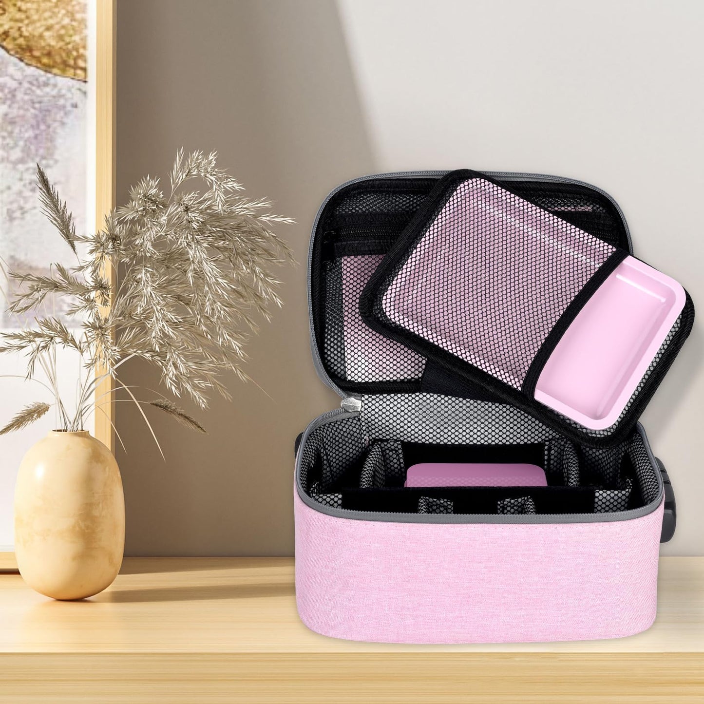 PODAHO Travel Cosmetic Carrier Bag with 10 Accessories, Multi-Use Storage Box Case with Combination Lock, Portable Food Containers Pouch, Great Gift for Women, (Pink Set)