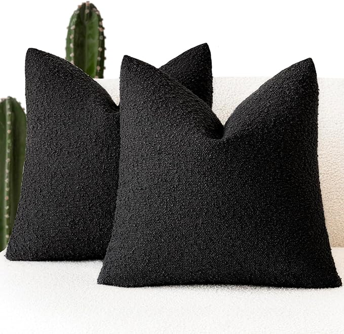 Foindtower Set of 2, Decorative Textured Boucle Throw Pillow Covers Accent Solid Pillow Cases Neutral Soft Cozy Couch Cushion Case for Chair Sofa Bedroom Living Room Home Decor 20 x 20 Inch Black